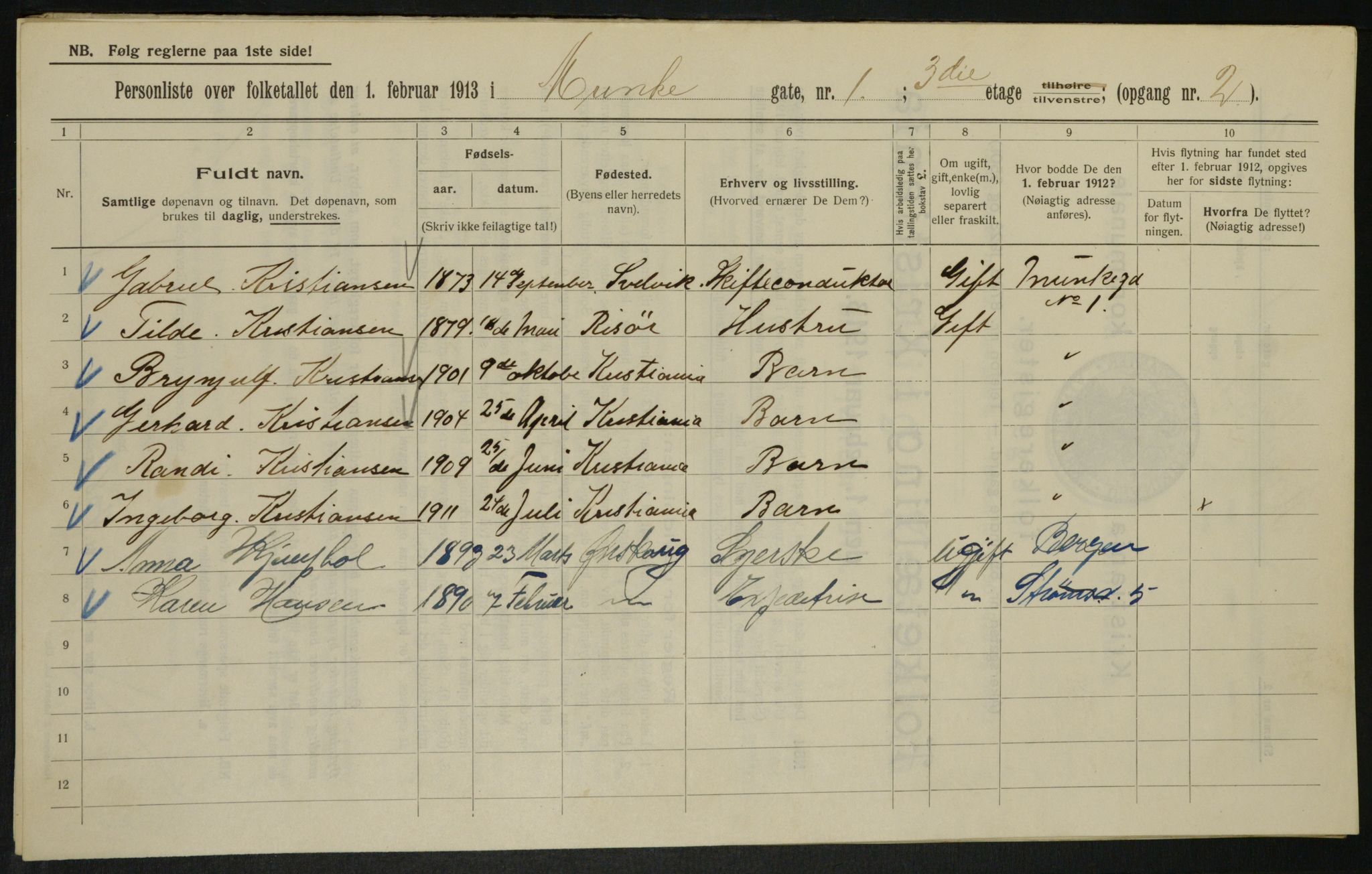 OBA, Municipal Census 1913 for Kristiania, 1913, p. 67896