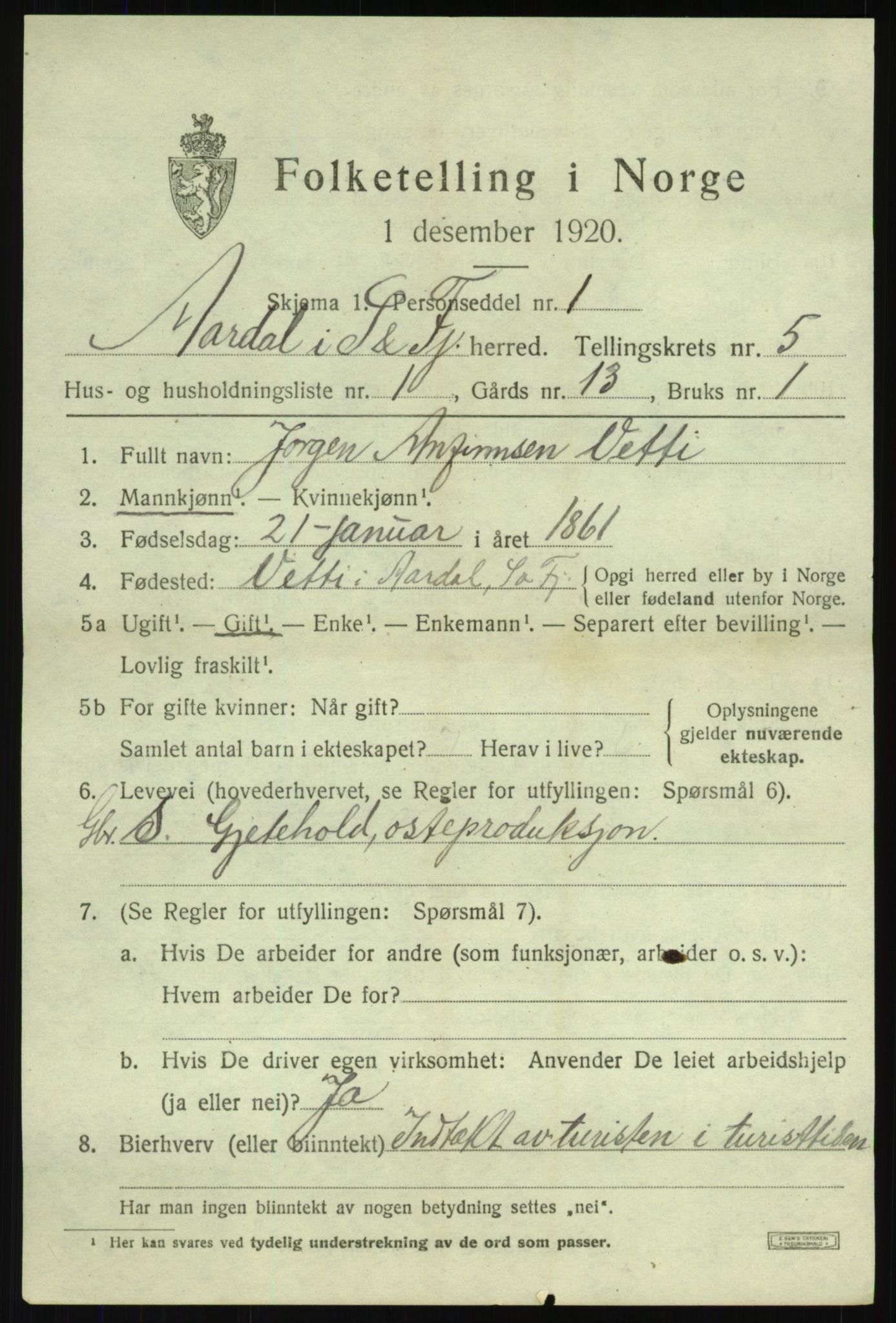 SAB, 1920 census for Årdal, 1920, p. 2779