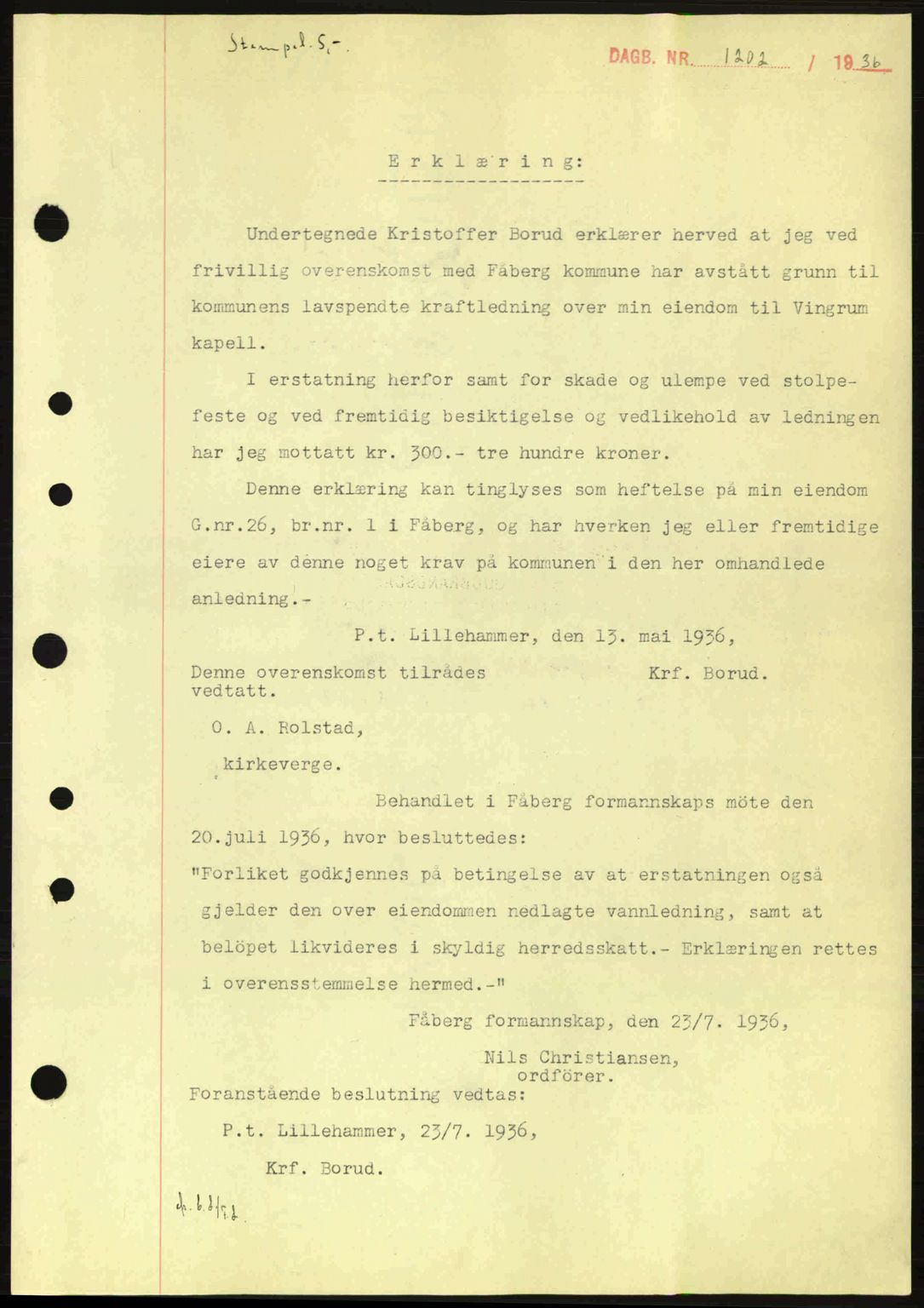 Sør-Gudbrandsdal tingrett, SAH/TING-004/H/Hb/Hbe/L0001: Mortgage book no. B1, 1936-1939, Diary no: : 1202/1936