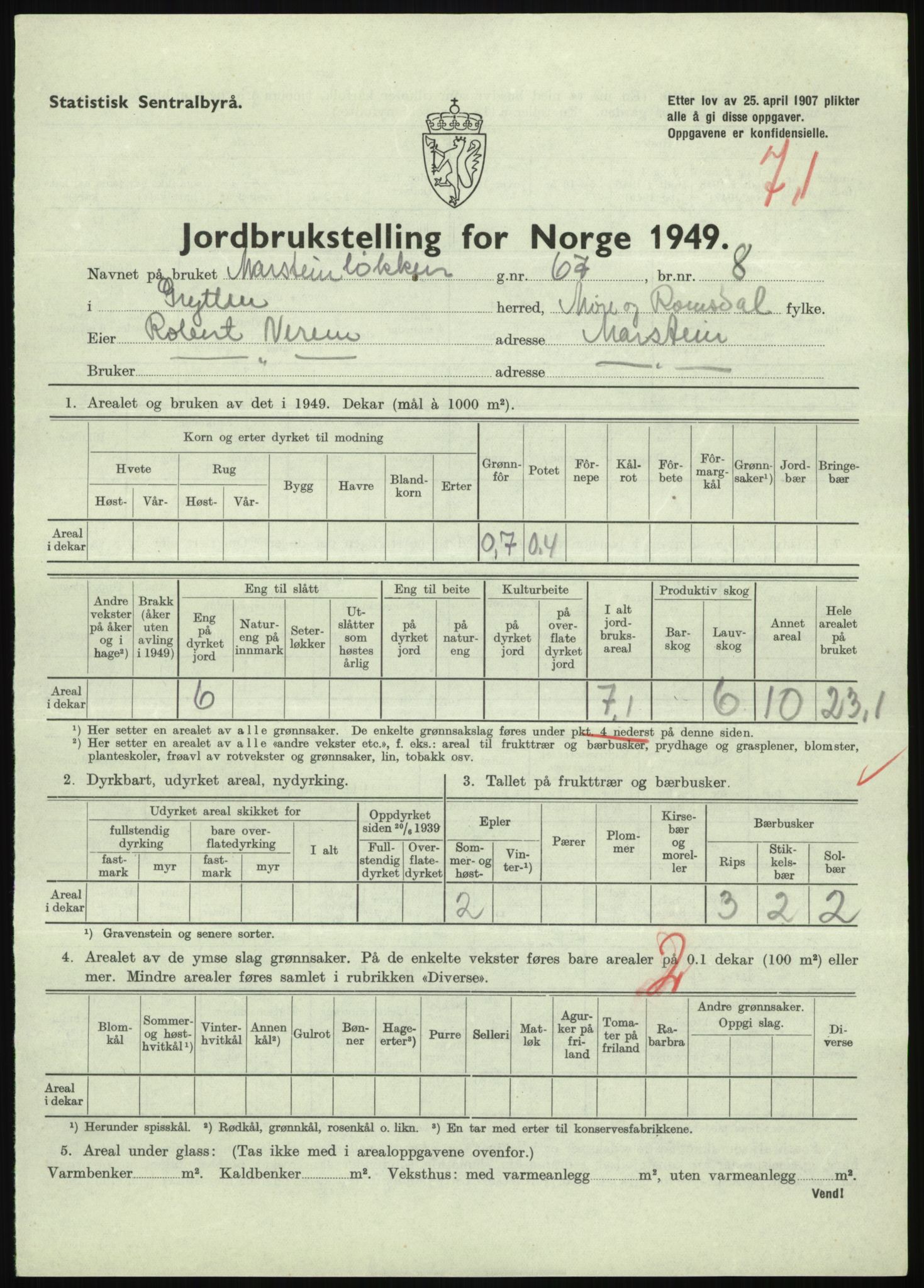 Statistisk sentralbyrå, Næringsøkonomiske emner, Jordbruk, skogbruk, jakt, fiske og fangst, AV/RA-S-2234/G/Gc/L0323: Møre og Romsdal: Grytten og Hen, 1949, p. 41