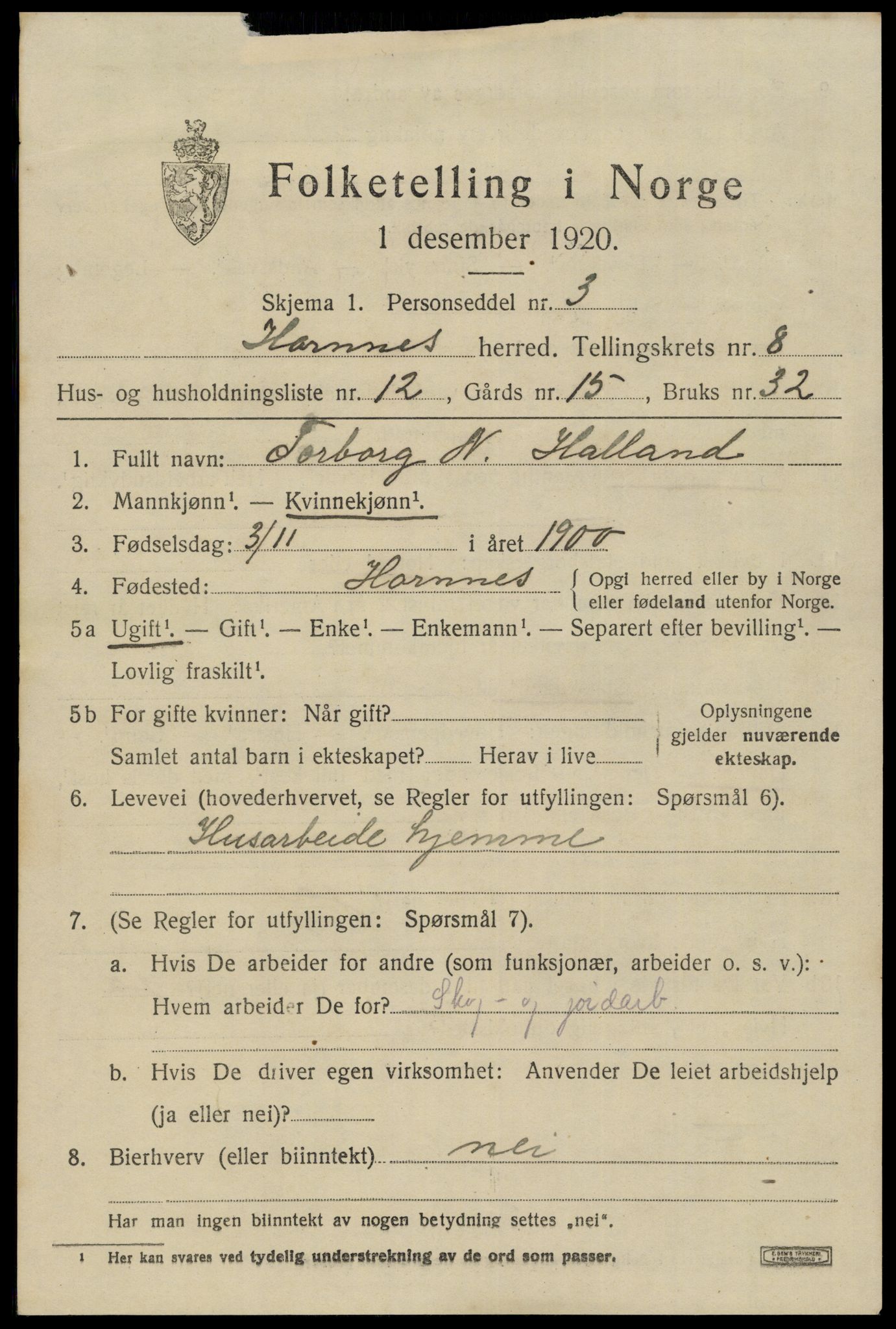 SAK, 1920 census for Hornnes, 1920, p. 2001