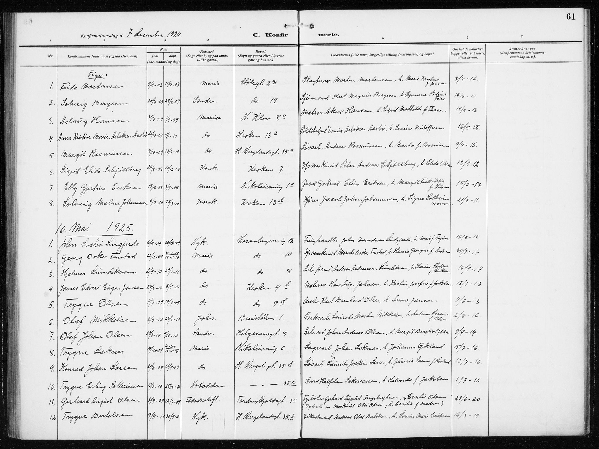 Mariakirken Sokneprestembete, SAB/A-76901/H/Haa/L0015: Parish register (official) no. C 3, 1913-1927, p. 61