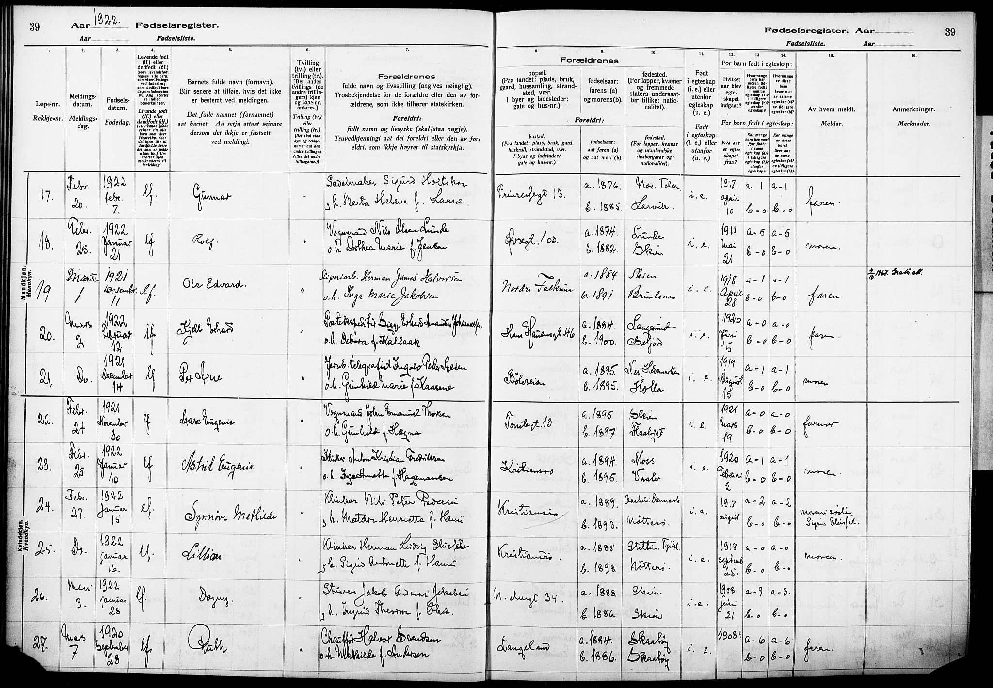 Skien kirkebøker, SAKO/A-302/J/Ja/L0002: Birth register no. 2, 1921-1927, p. 39