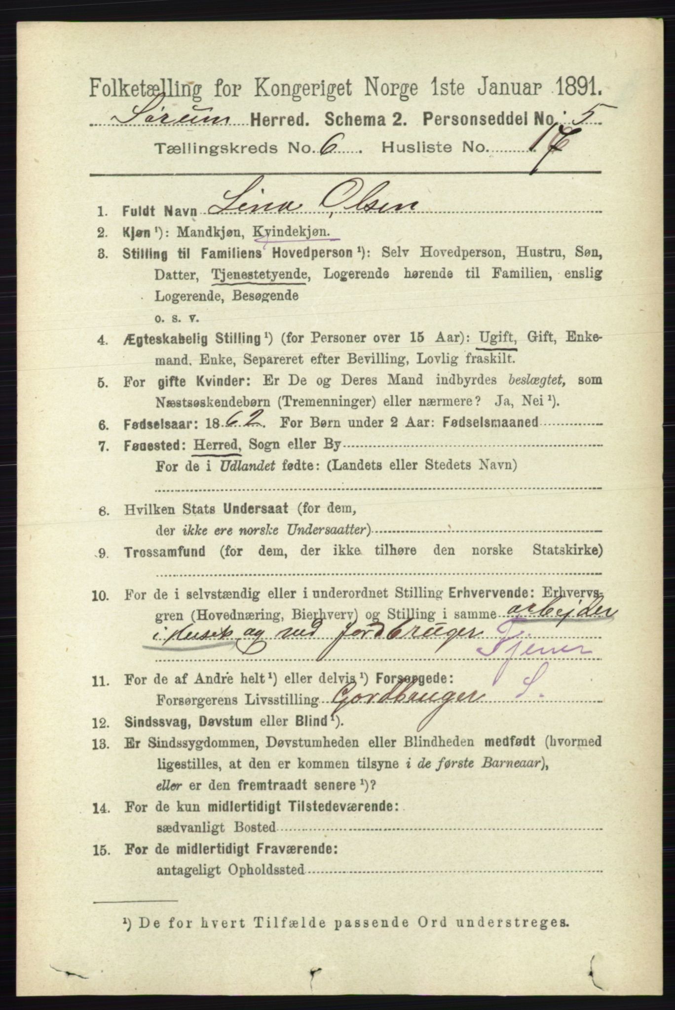 RA, 1891 census for 0226 Sørum, 1891, p. 2814