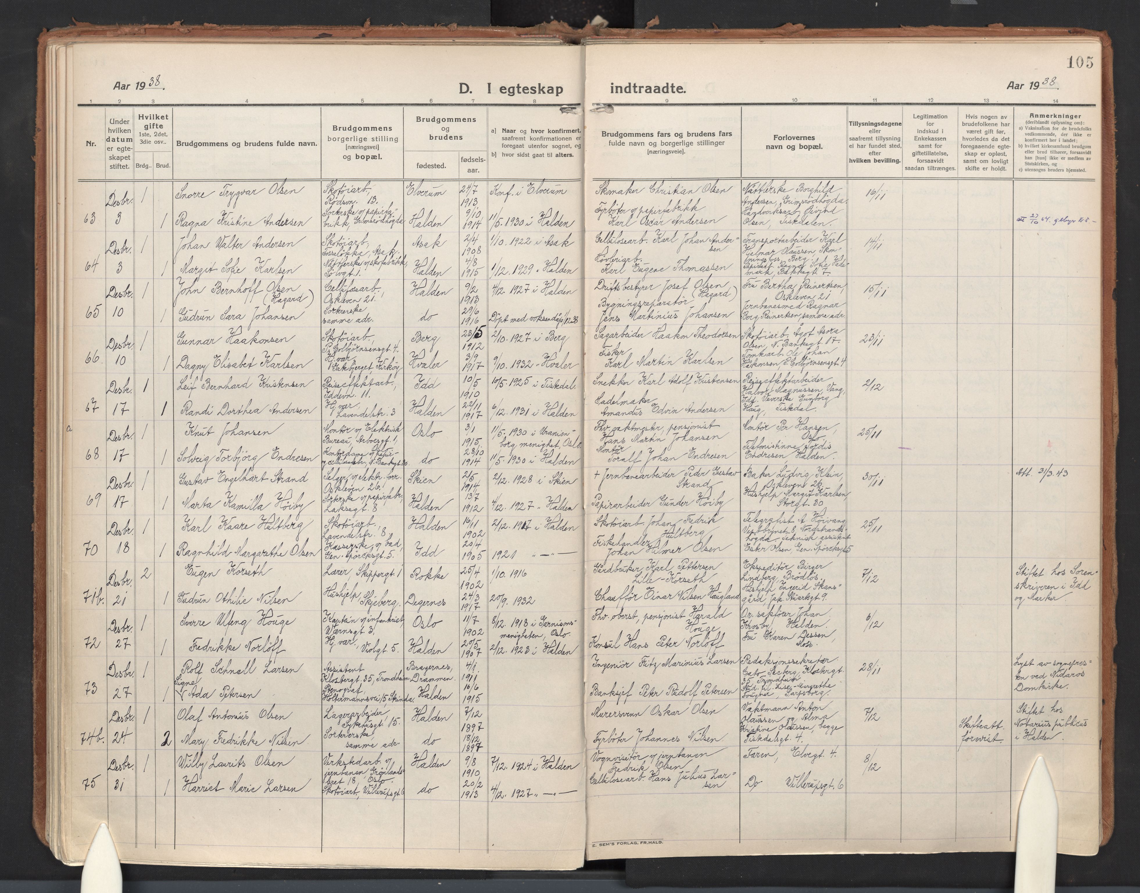 Halden prestekontor Kirkebøker, SAO/A-10909/F/Fa/L0017: Parish register (official) no. I 17, 1921-1945, p. 105
