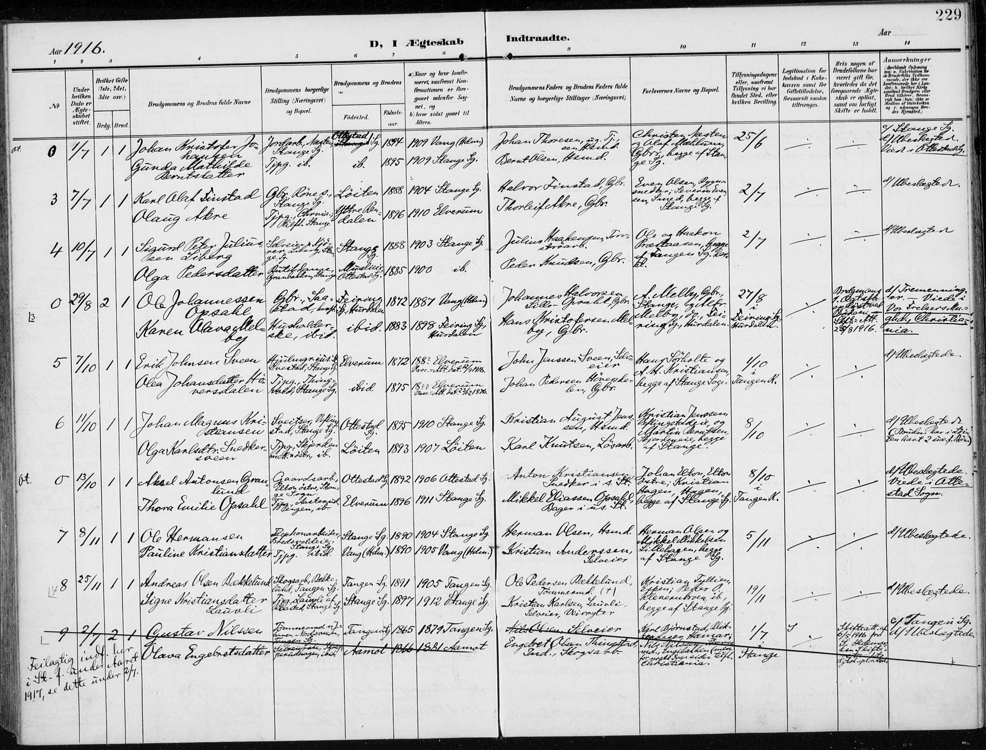 Stange prestekontor, AV/SAH-PREST-002/K/L0024: Parish register (official) no. 24, 1906-1922, p. 229