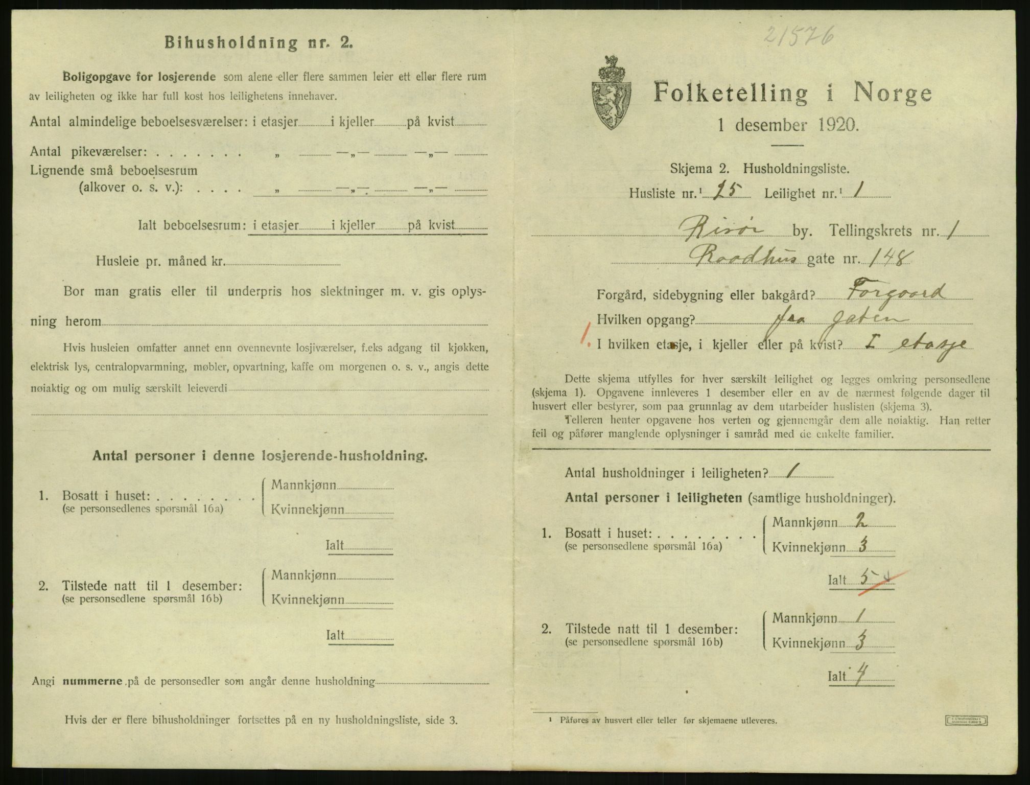 SAK, 1920 census for Risør, 1920, p. 1405