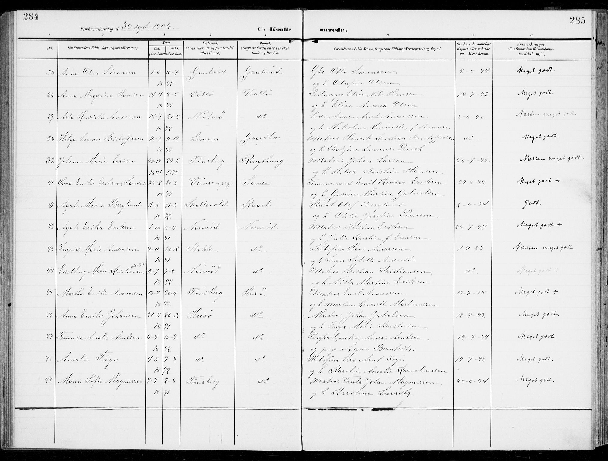 Sem kirkebøker, AV/SAKO-A-5/F/Fb/L0006: Parish register (official) no. II 6, 1905-1918, p. 284-285