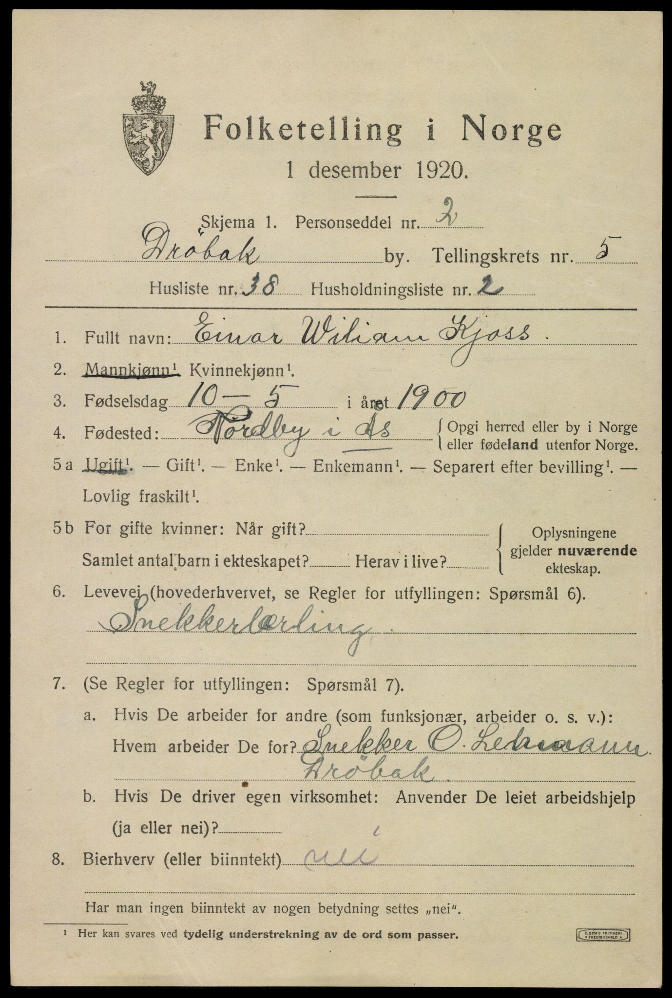 SAO, 1920 census for Drøbak, 1920, p. 4953