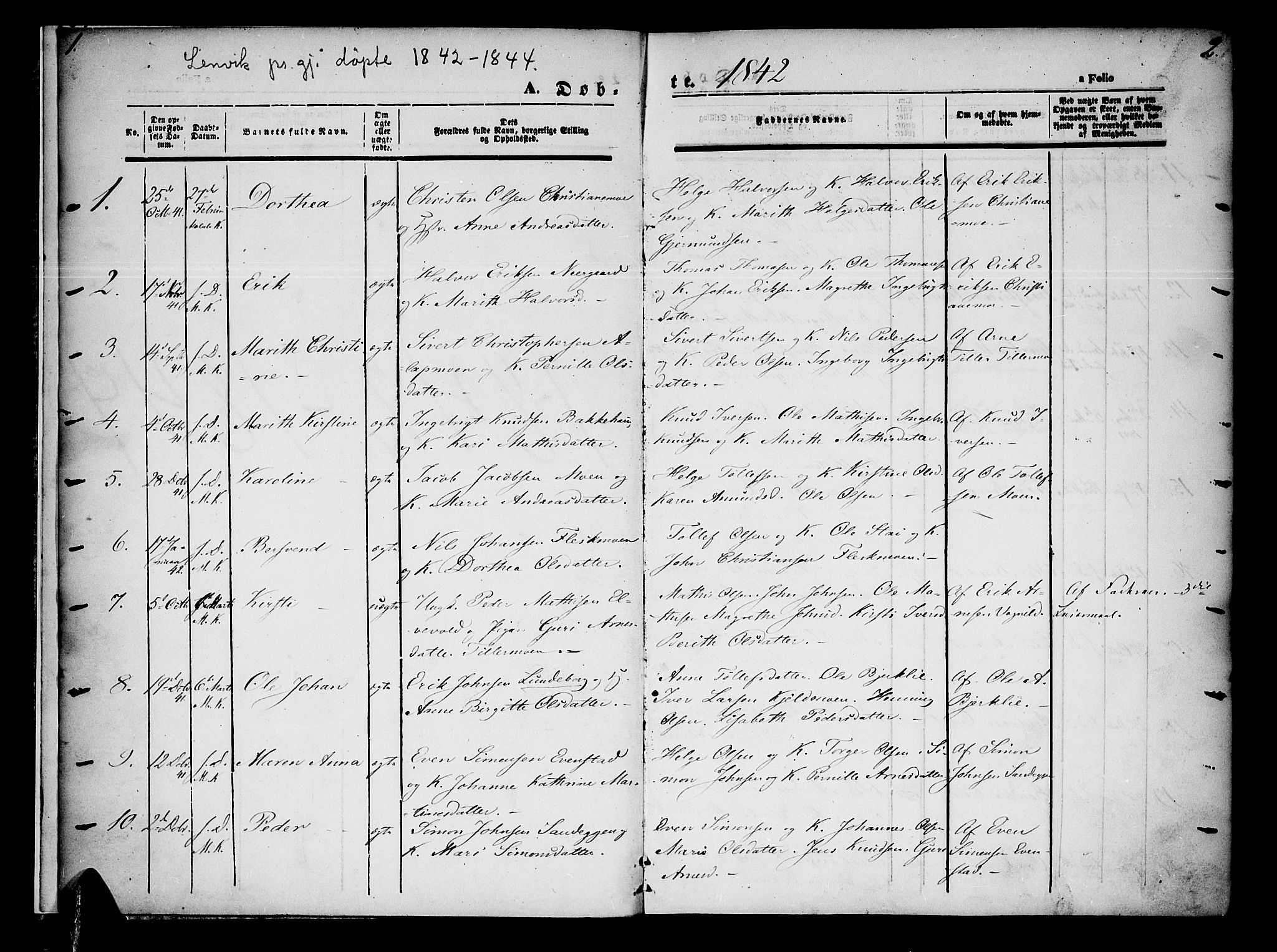 Lenvik sokneprestembete, AV/SATØ-S-1310/H/Ha/Haa/L0005kirke: Parish register (official) no. 5, 1842-1844, p. 1-2