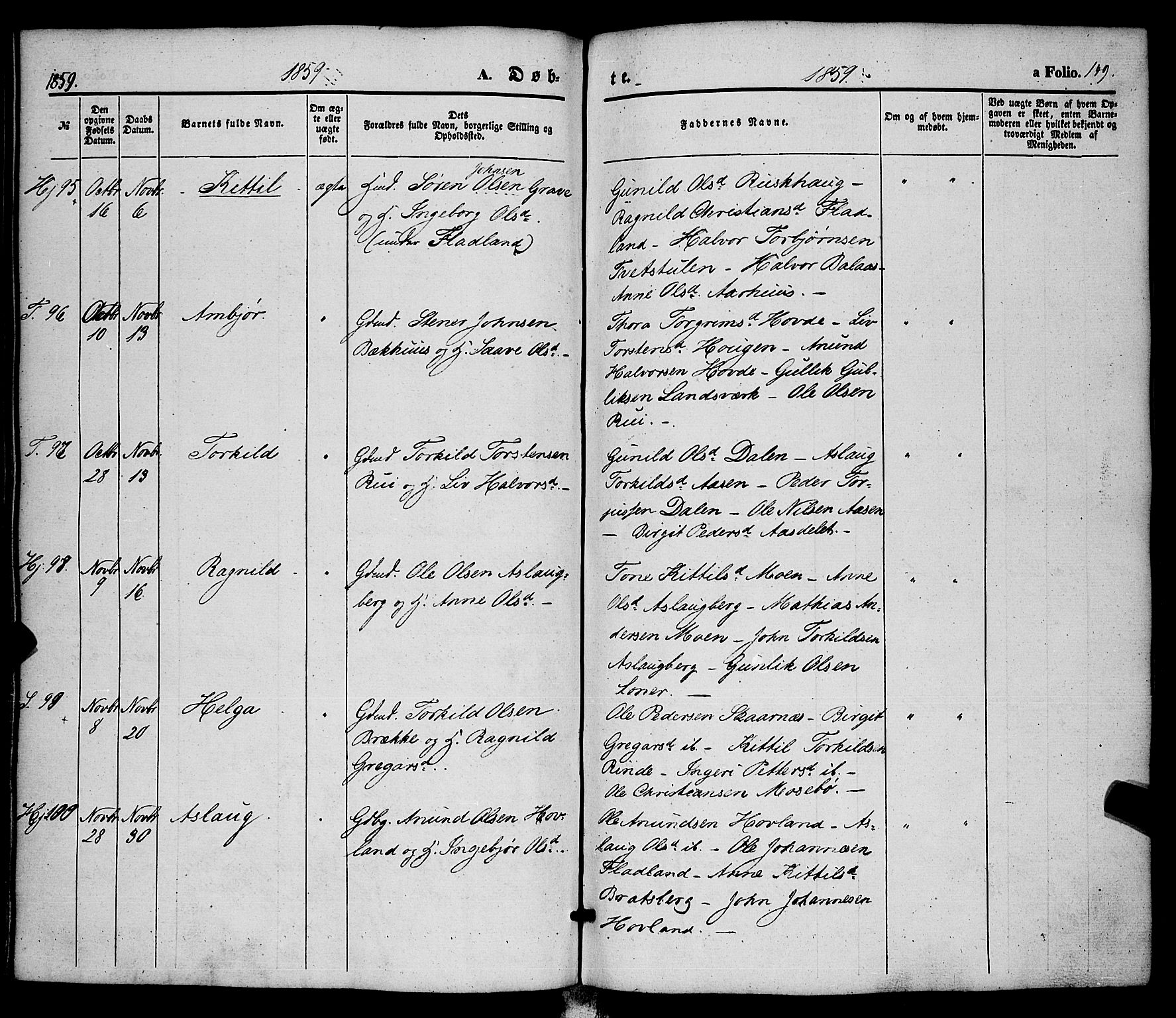 Hjartdal kirkebøker, AV/SAKO-A-270/F/Fa/L0008: Parish register (official) no. I 8, 1844-1859, p. 149