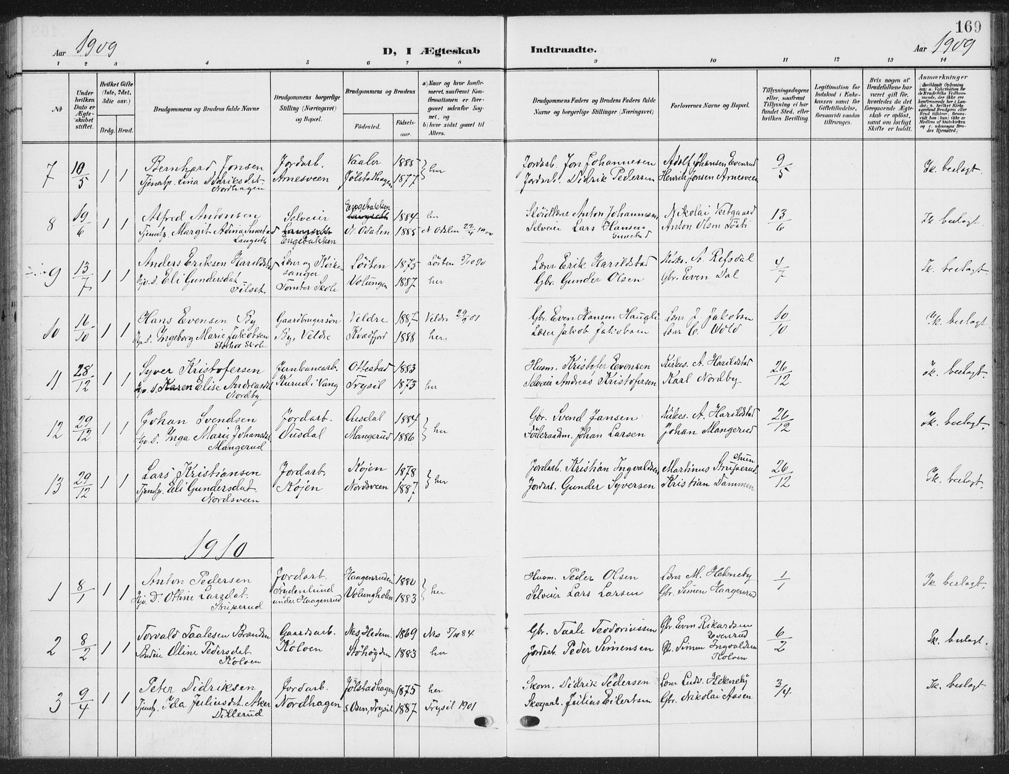 Romedal prestekontor, SAH/PREST-004/K/L0009: Parish register (official) no. 9, 1906-1929, p. 169