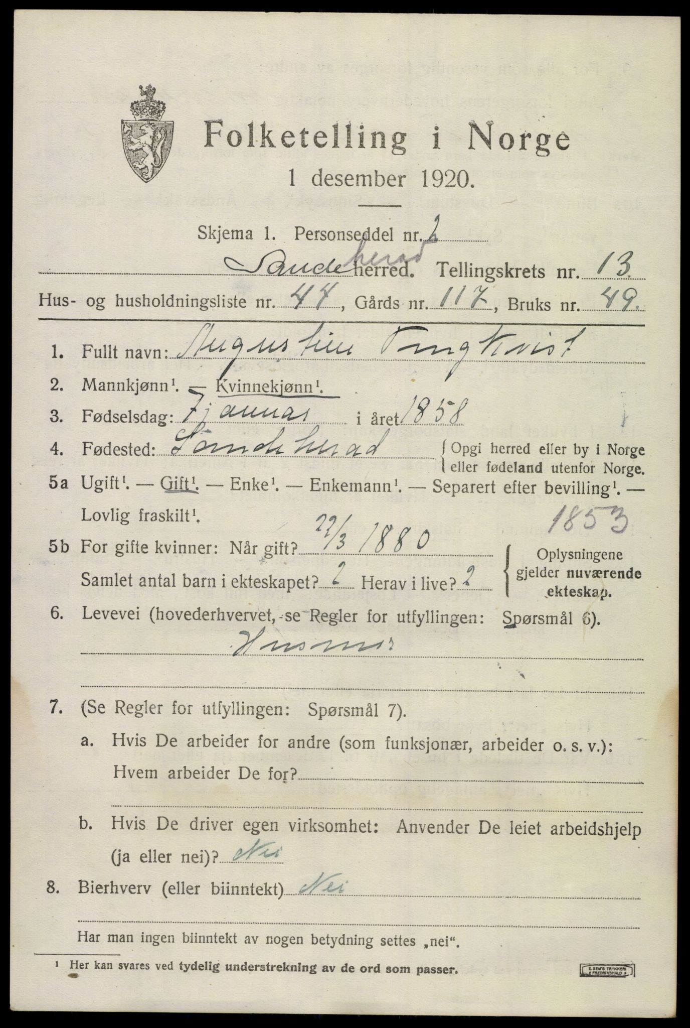 SAKO, 1920 census for Sandeherred, 1920, p. 19836