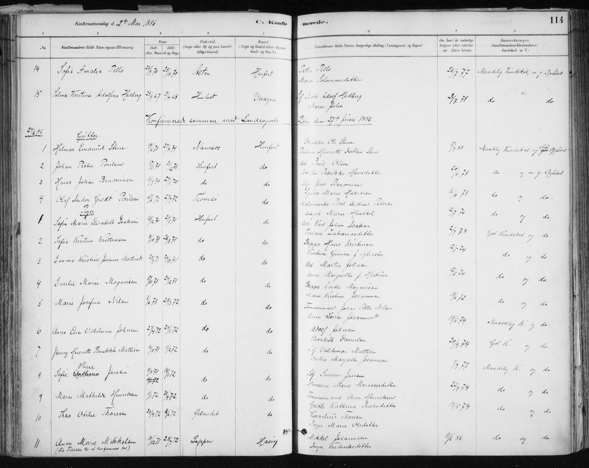 Hammerfest sokneprestkontor, AV/SATØ-S-1347/H/Ha/L0008.kirke: Parish register (official) no. 8, 1878-1889, p. 114