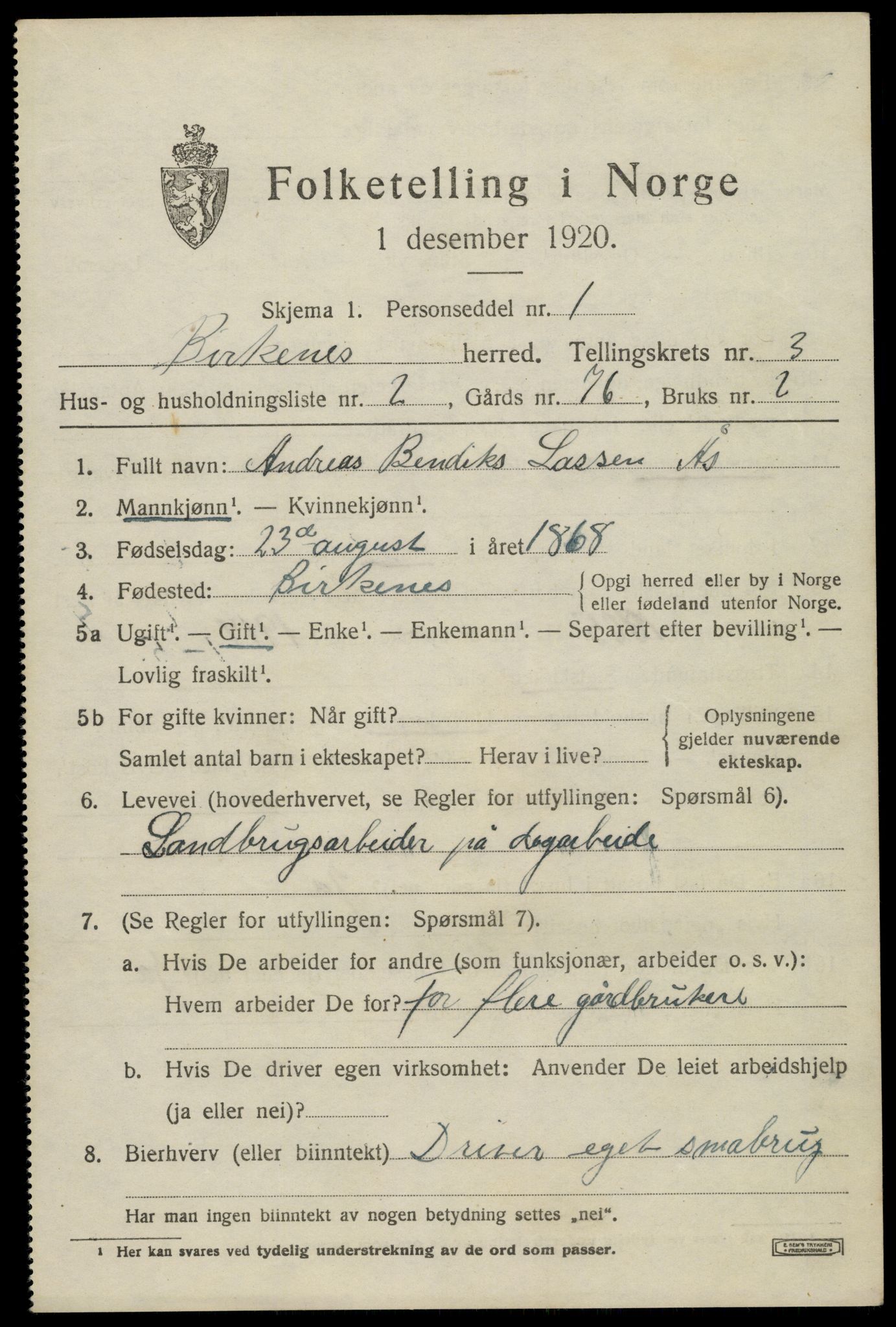 SAK, 1920 census for Birkenes, 1920, p. 1429