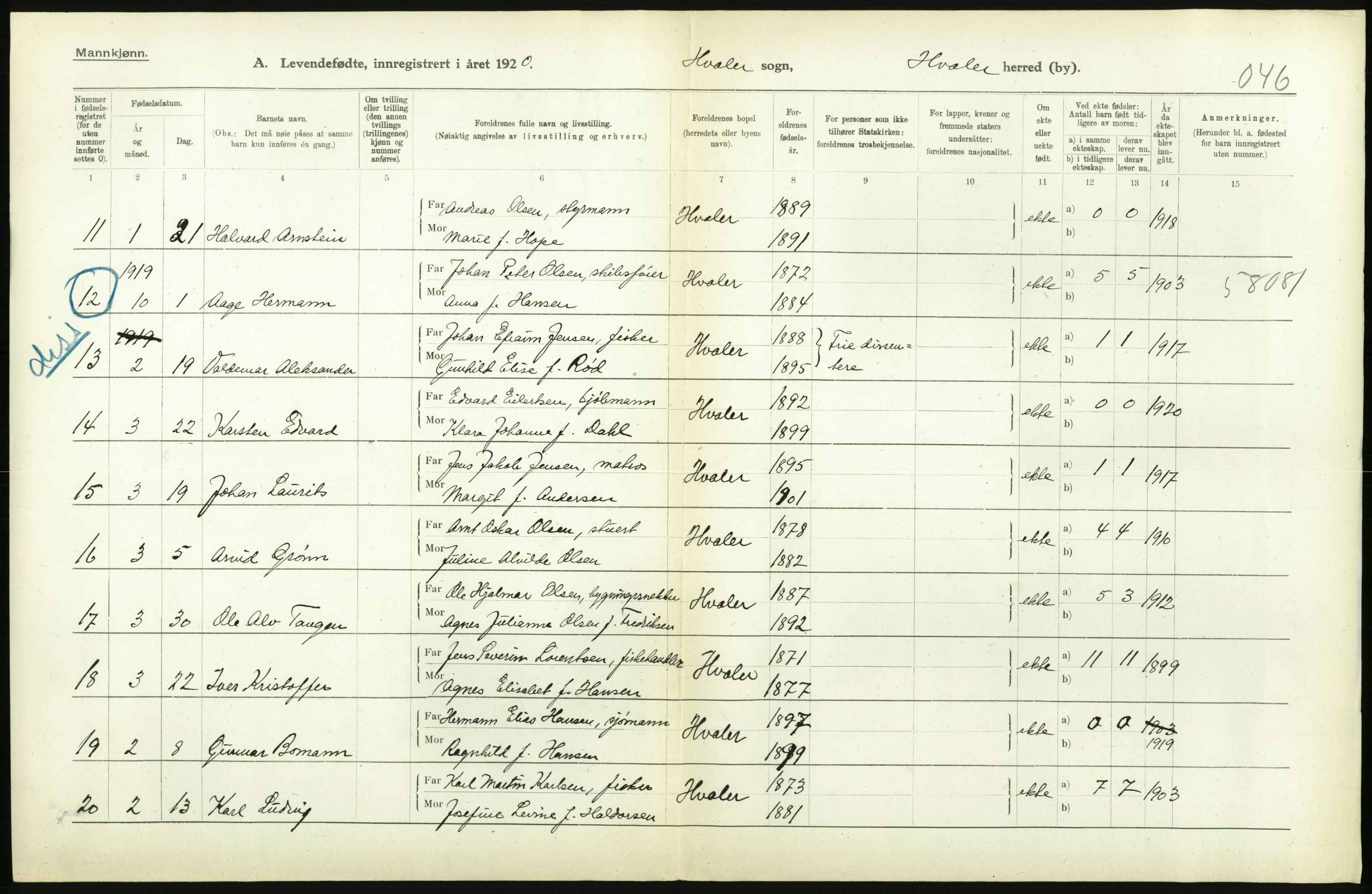 Statistisk sentralbyrå, Sosiodemografiske emner, Befolkning, RA/S-2228/D/Df/Dfb/Dfbj/L0001: Østfold fylke: Levendefødte menn og kvinner. Bygder., 1920, p. 196