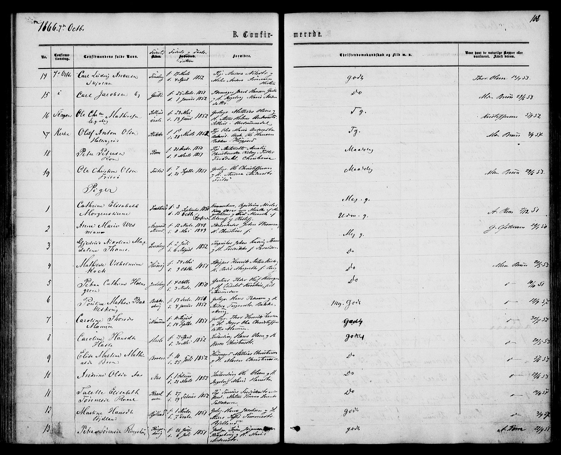 Sem kirkebøker, AV/SAKO-A-5/F/Fa/L0008: Parish register (official) no. I 8, 1866-1873, p. 108