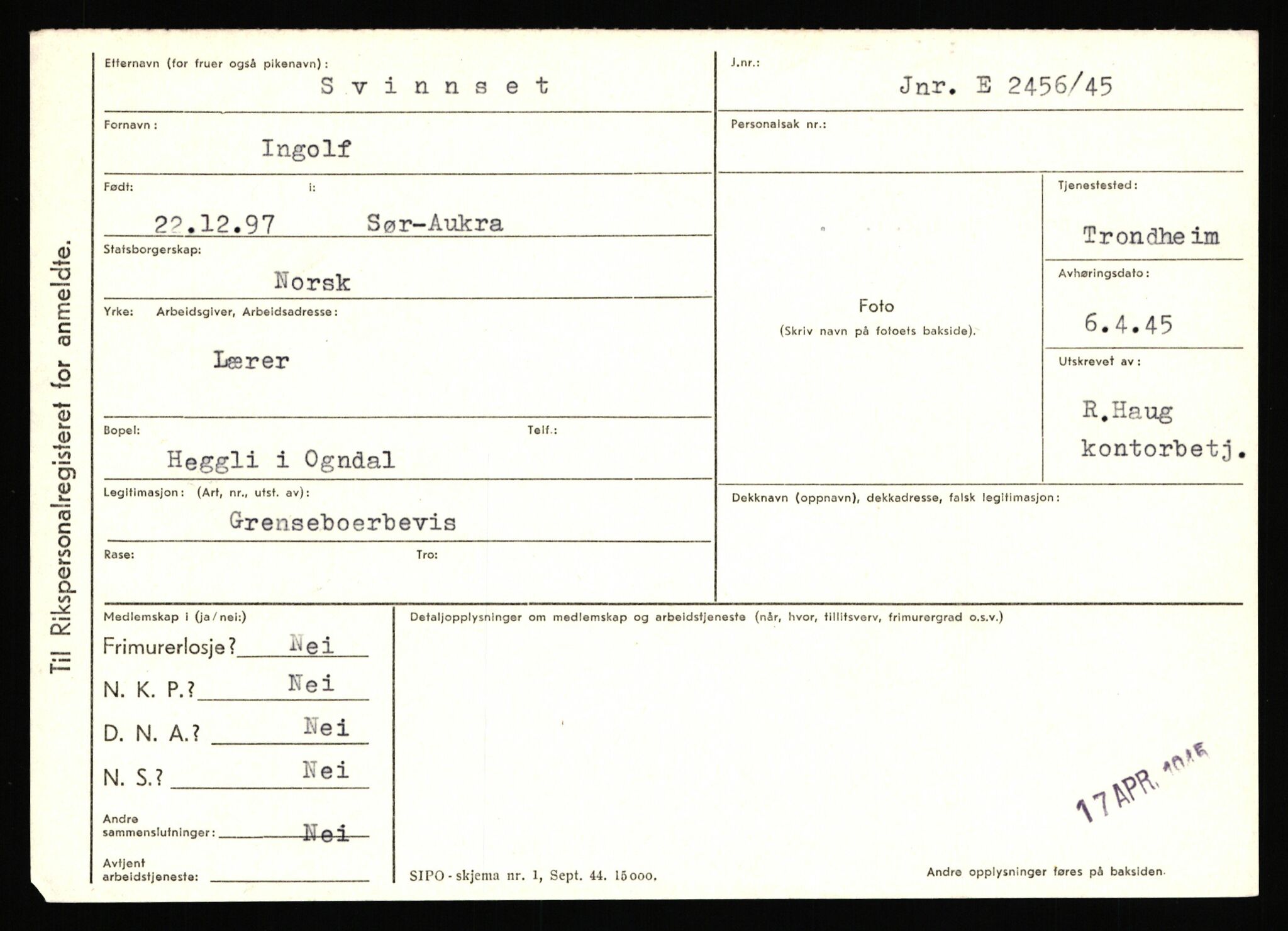 Statspolitiet - Hovedkontoret / Osloavdelingen, AV/RA-S-1329/C/Ca/L0015: Svea - Tøsse, 1943-1945, p. 607