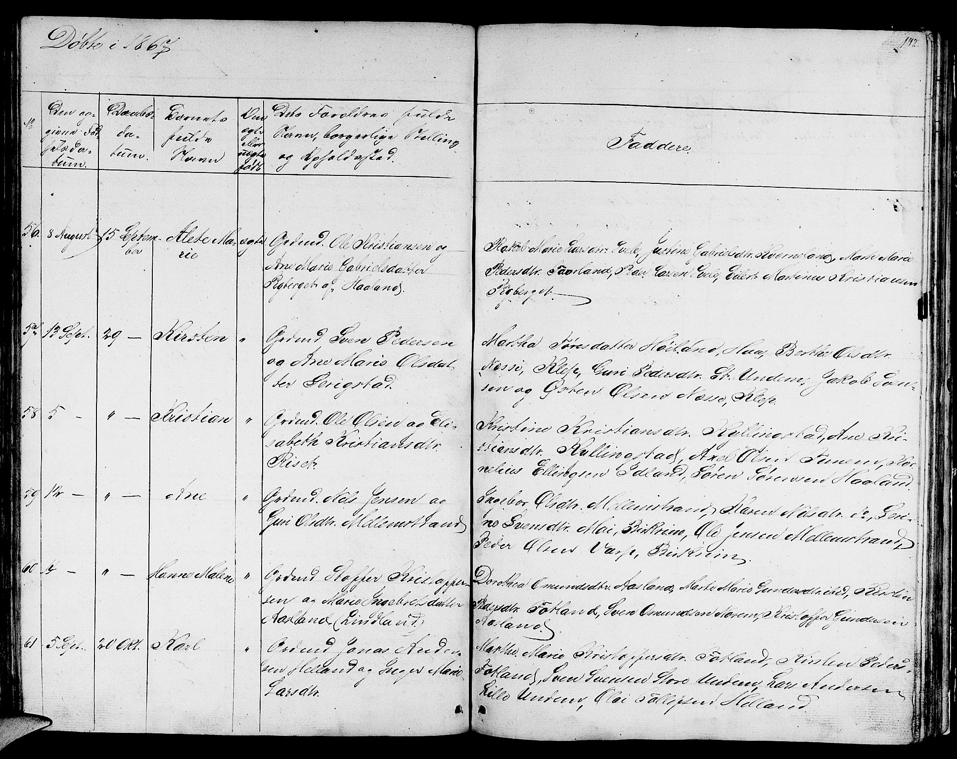 Lye sokneprestkontor, AV/SAST-A-101794/001/30BB/L0002: Parish register (copy) no. B 2, 1852-1867, p. 142