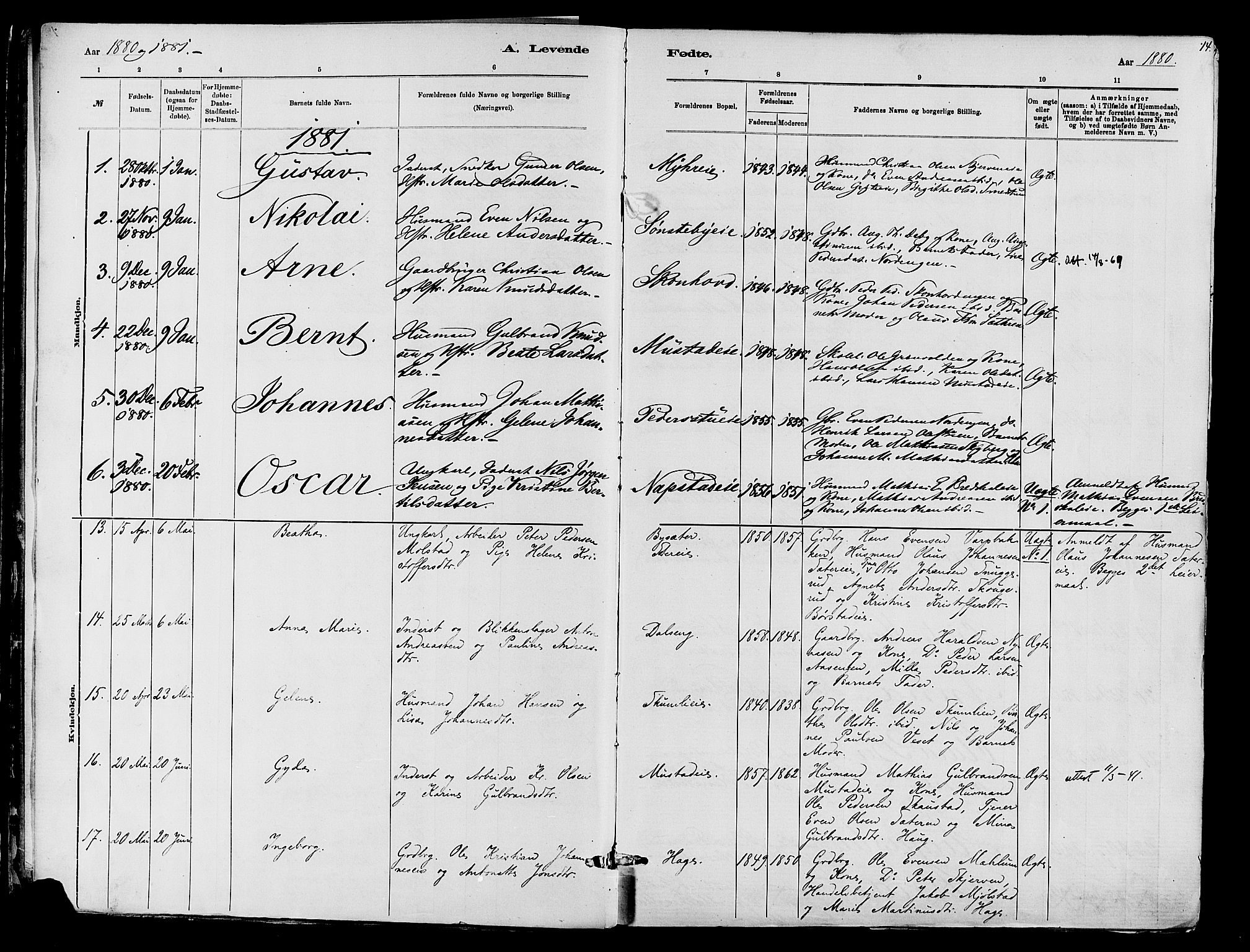 Vardal prestekontor, SAH/PREST-100/H/Ha/Haa/L0010: Parish register (official) no. 10, 1878-1893, p. 14