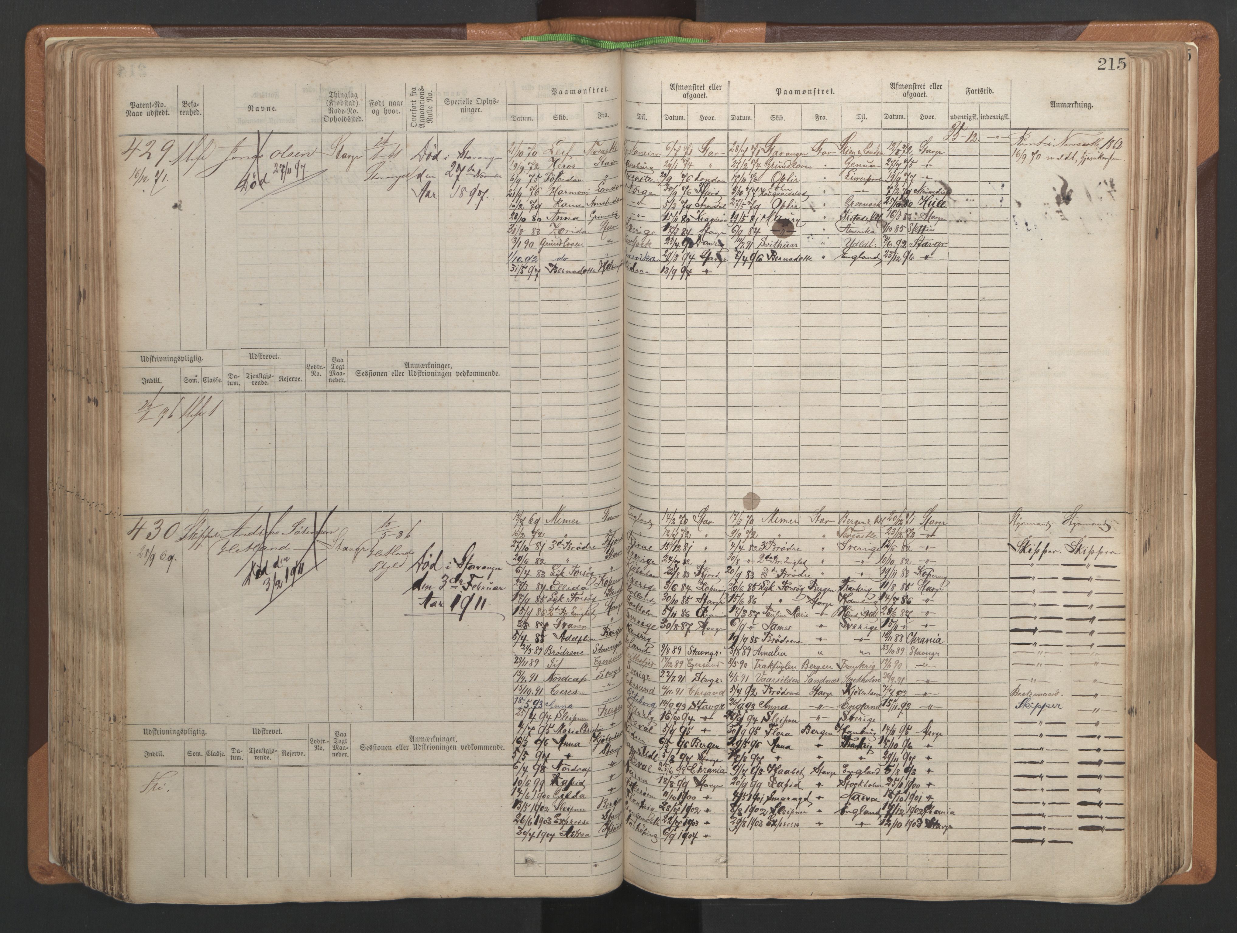 Stavanger sjømannskontor, AV/SAST-A-102006/F/Fb/Fbb/L0004: Sjøfartshovedrulle, patentnr. 1-792 (del 1), 1869-1880, p. 219