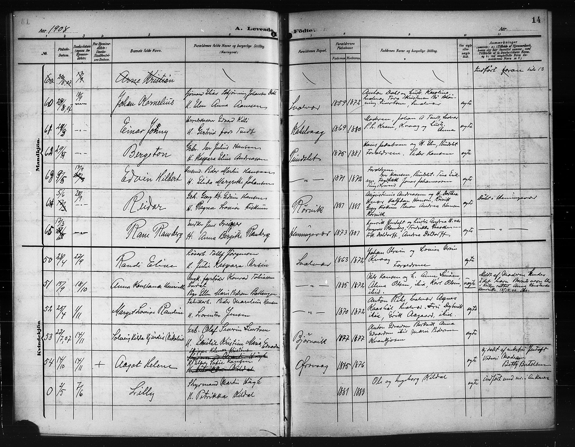 Ministerialprotokoller, klokkerbøker og fødselsregistre - Nordland, SAT/A-1459/874/L1079: Parish register (copy) no. 874C08, 1907-1915, p. 14