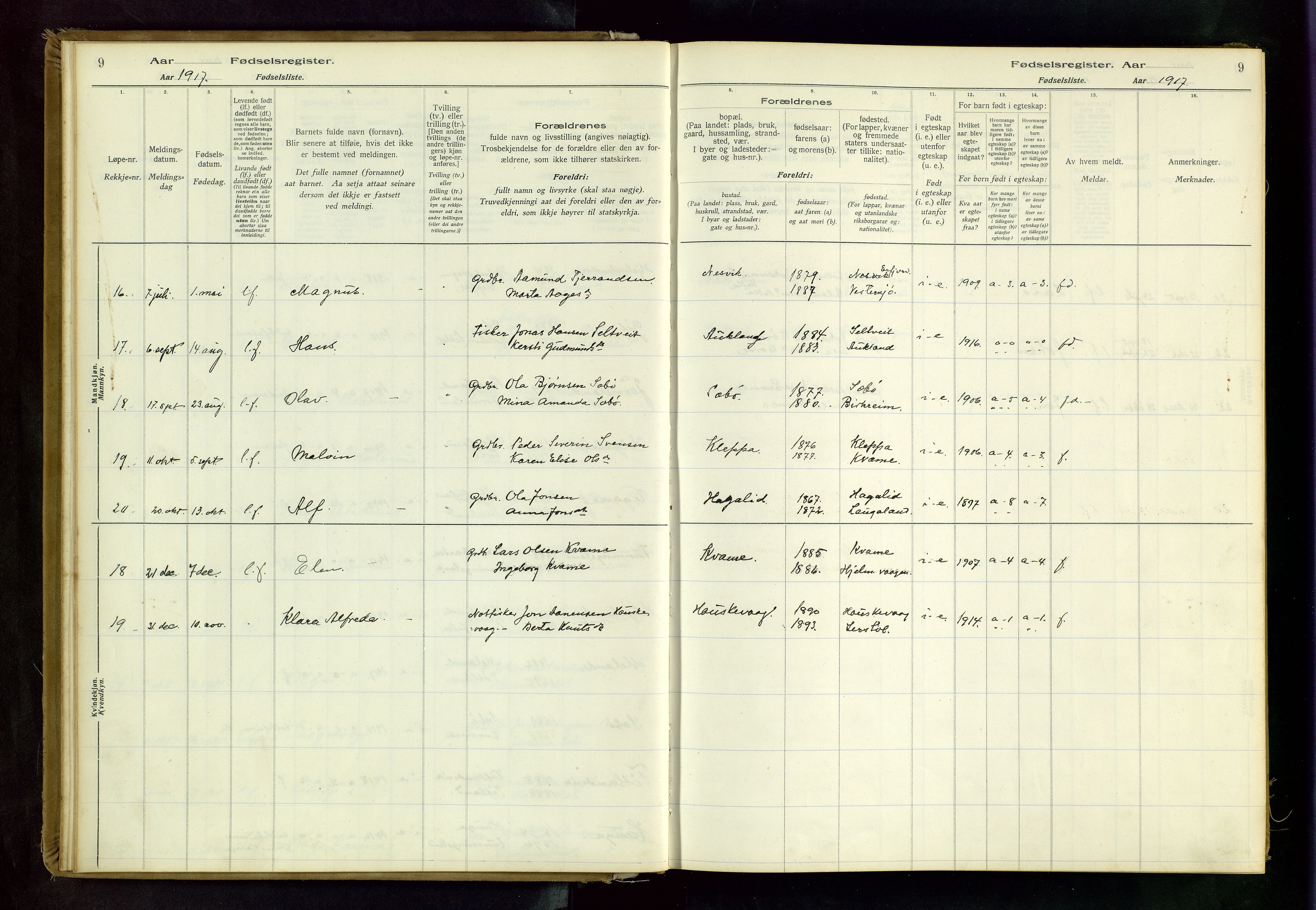 Hjelmeland sokneprestkontor, AV/SAST-A-101843/02/B/L0001: Birth register no. 1, 1916-1963, p. 9