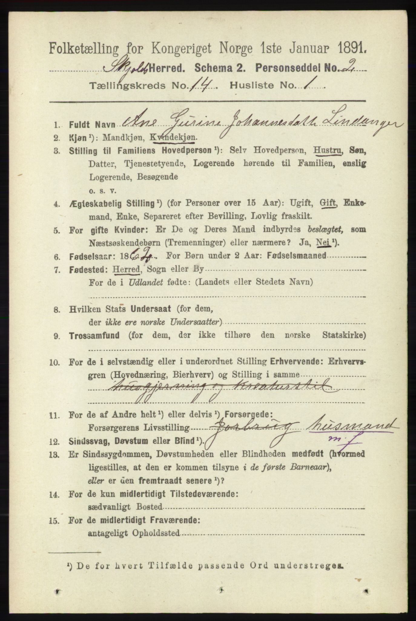 RA, 1891 census for 1154 Skjold, 1891, p. 2568