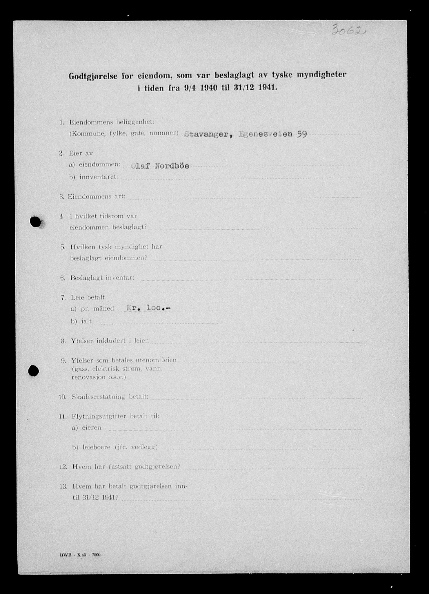 Justisdepartementet, Tilbakeføringskontoret for inndratte formuer, AV/RA-S-1564/I/L1014: Godtgjørelse for beslaglagt eiendom, 1940-1941, p. 96