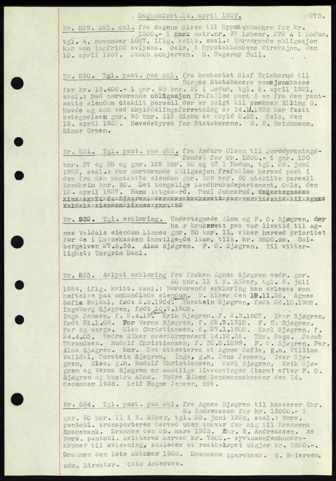 Eiker, Modum og Sigdal sorenskriveri, SAKO/A-123/G/Ga/Gab/L0035: Mortgage book no. A5, 1937-1937, Diary no: : 829/1937