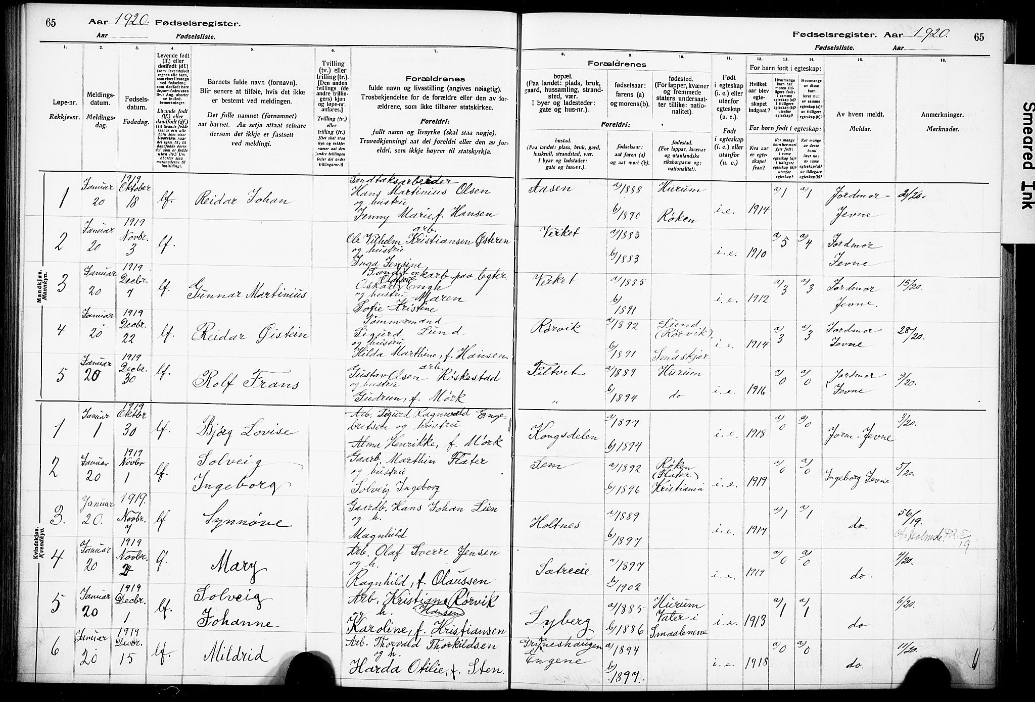 Hurum kirkebøker, SAKO/A-229/J/Ja/L0001: Birth register no. 1, 1916-1928, p. 65
