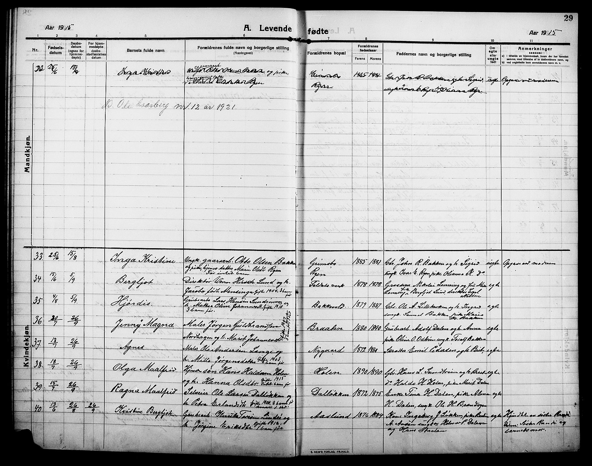 Alvdal prestekontor, AV/SAH-PREST-060/H/Ha/Hab/L0006: Parish register (copy) no. 6, 1910-1924, p. 29