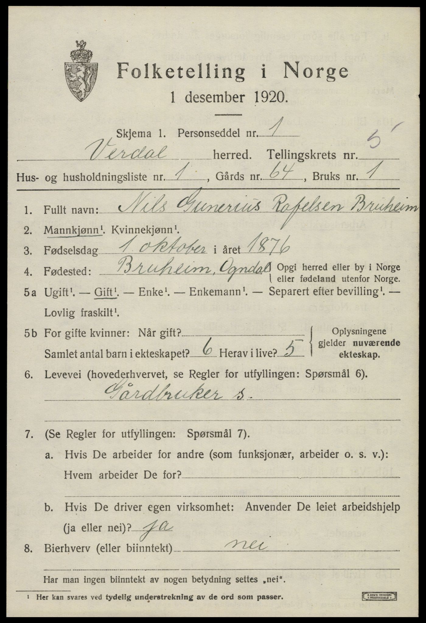 SAT, 1920 census for Verdal, 1920, p. 8571