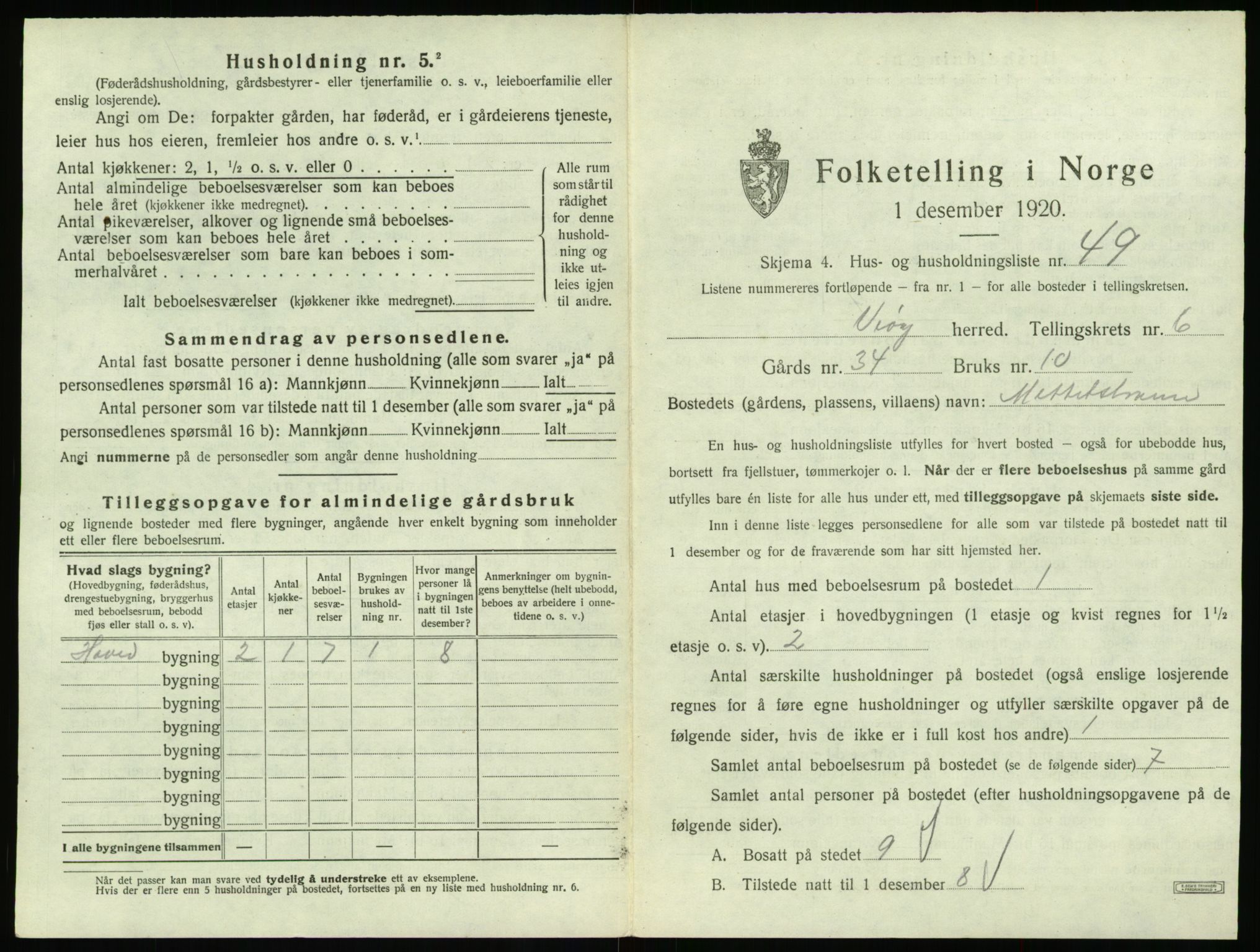 SAT, 1920 census for Veøy, 1920, p. 443