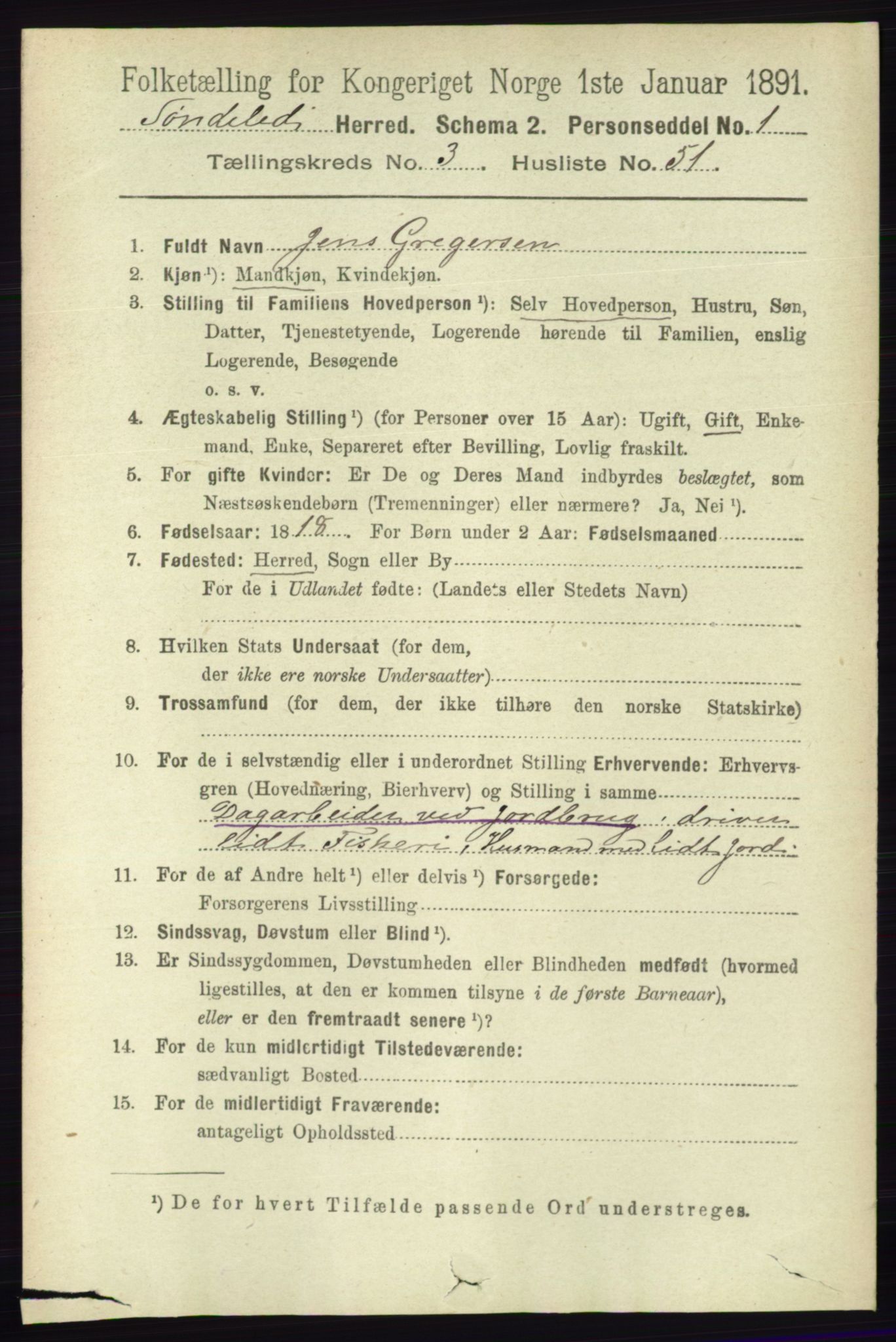 RA, 1891 census for 0913 Søndeled, 1891, p. 862