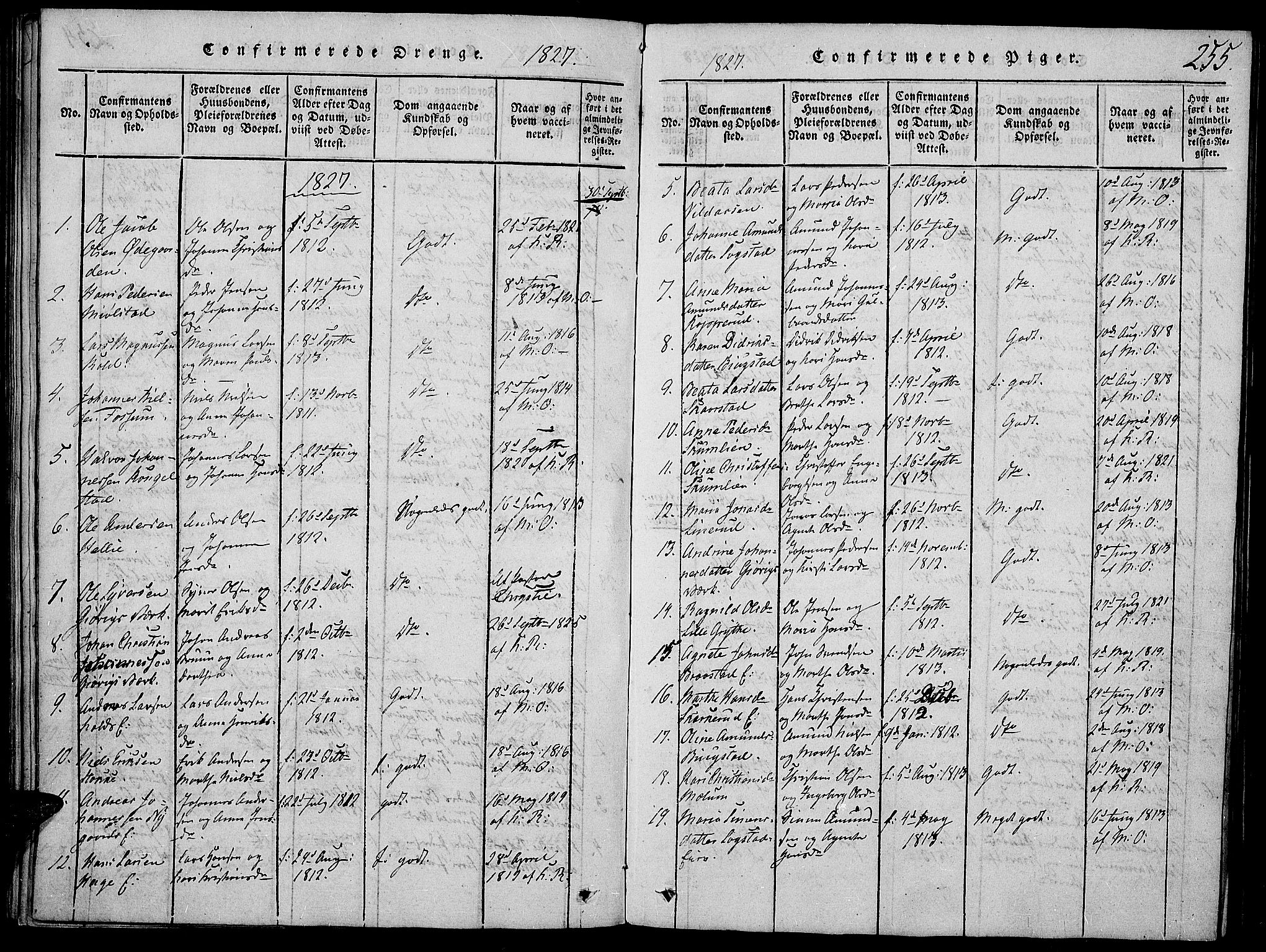Vardal prestekontor, SAH/PREST-100/H/Ha/Haa/L0004: Parish register (official) no. 4, 1814-1831, p. 255