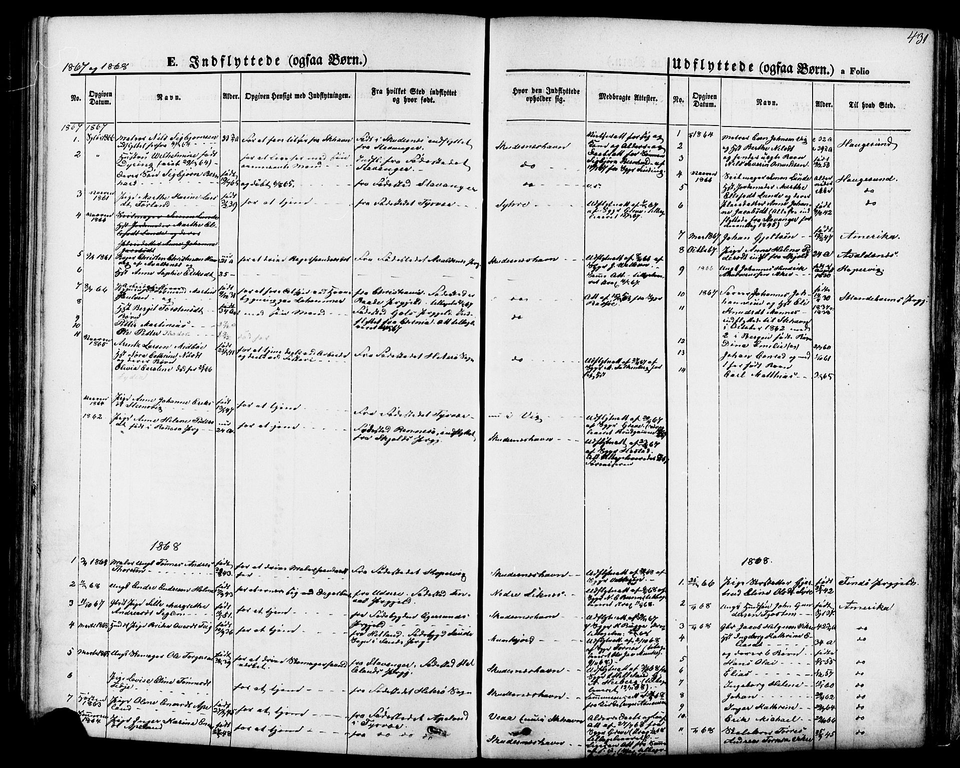 Skudenes sokneprestkontor, SAST/A -101849/H/Ha/Haa/L0006: Parish register (official) no. A 4, 1864-1881, p. 431
