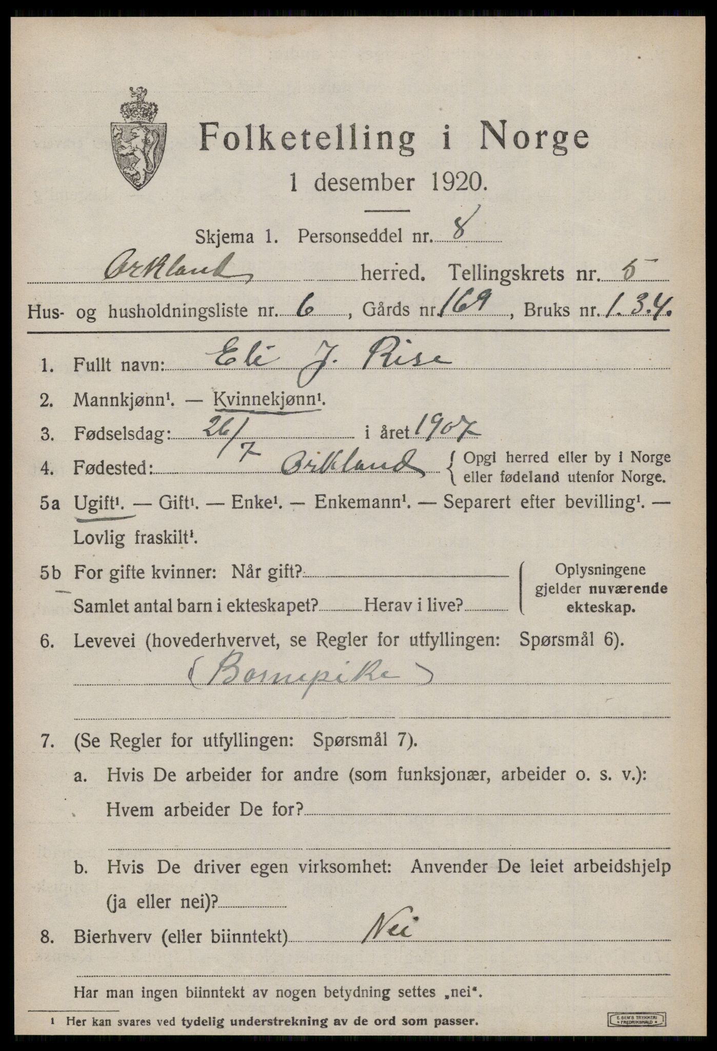 SAT, 1920 census for Orkland, 1920, p. 4086