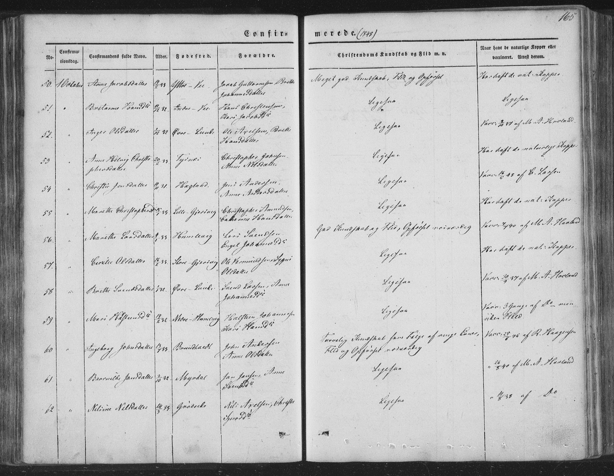 Tysnes sokneprestembete, AV/SAB-A-78601/H/Haa: Parish register (official) no. A 10, 1848-1859, p. 165