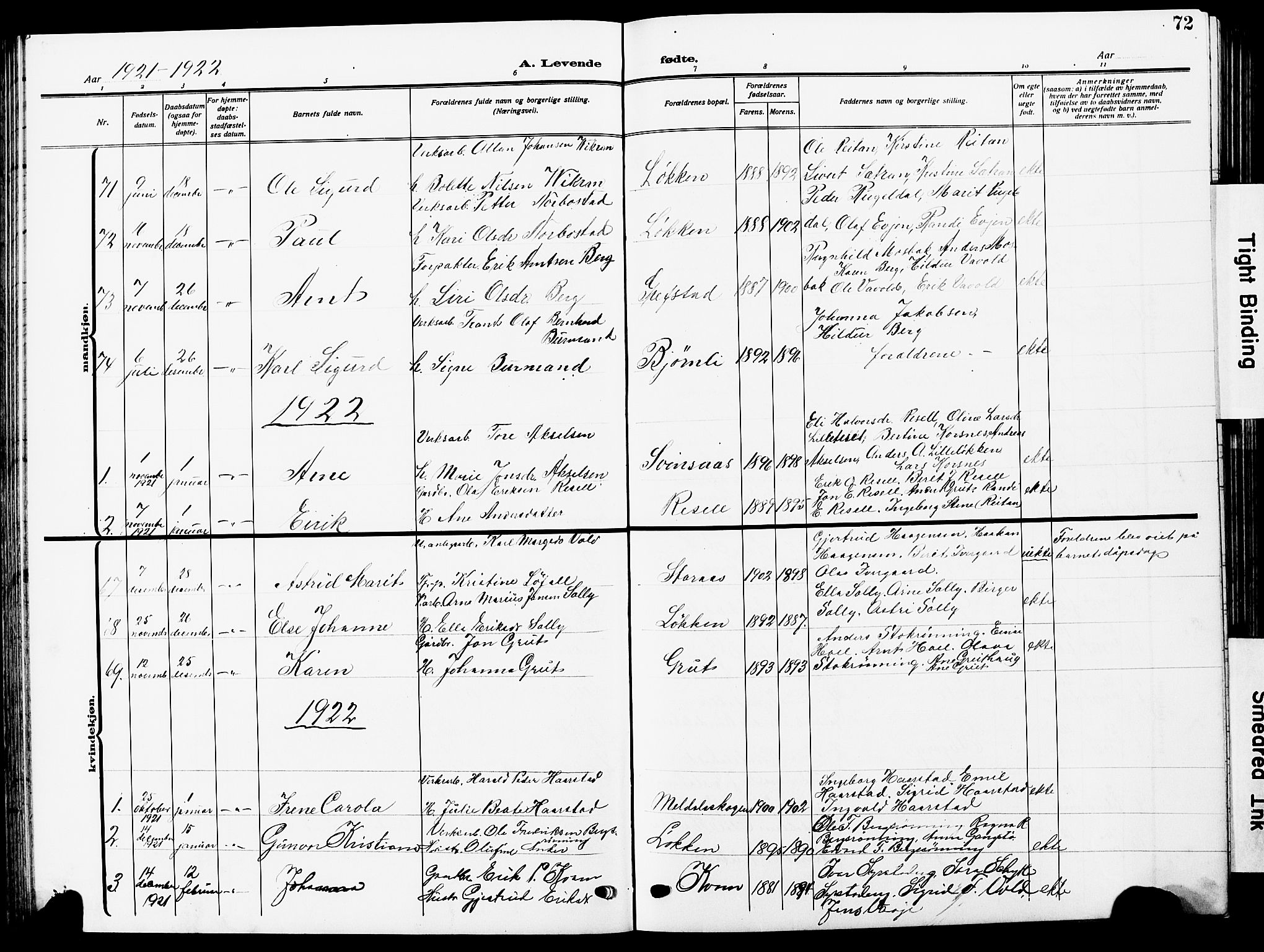 Ministerialprotokoller, klokkerbøker og fødselsregistre - Sør-Trøndelag, SAT/A-1456/672/L0865: Parish register (copy) no. 672C04, 1914-1928, p. 72