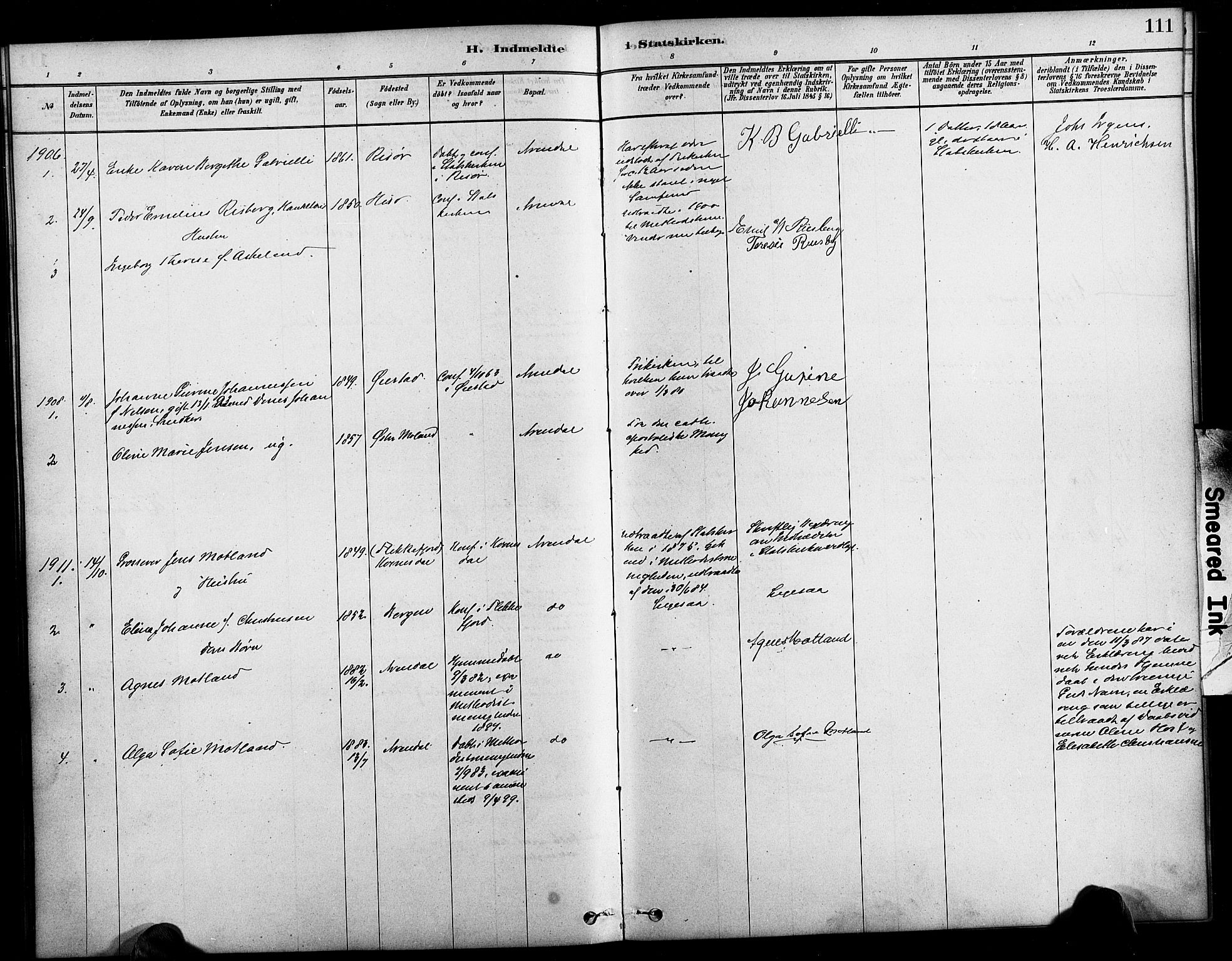 Arendal sokneprestkontor, Trefoldighet, SAK/1111-0040/F/Fa/L0009: Parish register (official) no. A 9, 1878-1919, p. 111