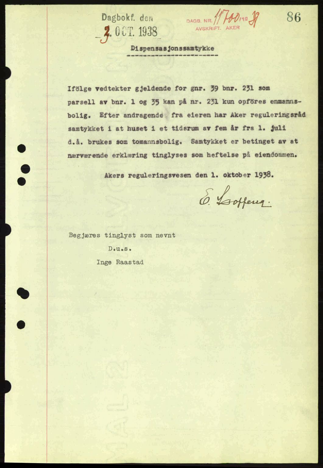 Aker herredsskriveri, SAO/A-10896/G/Gb/Gba/Gbab/L0025: Mortgage book no. A154-155, 1938-1938, Diary no: : 11700/1938