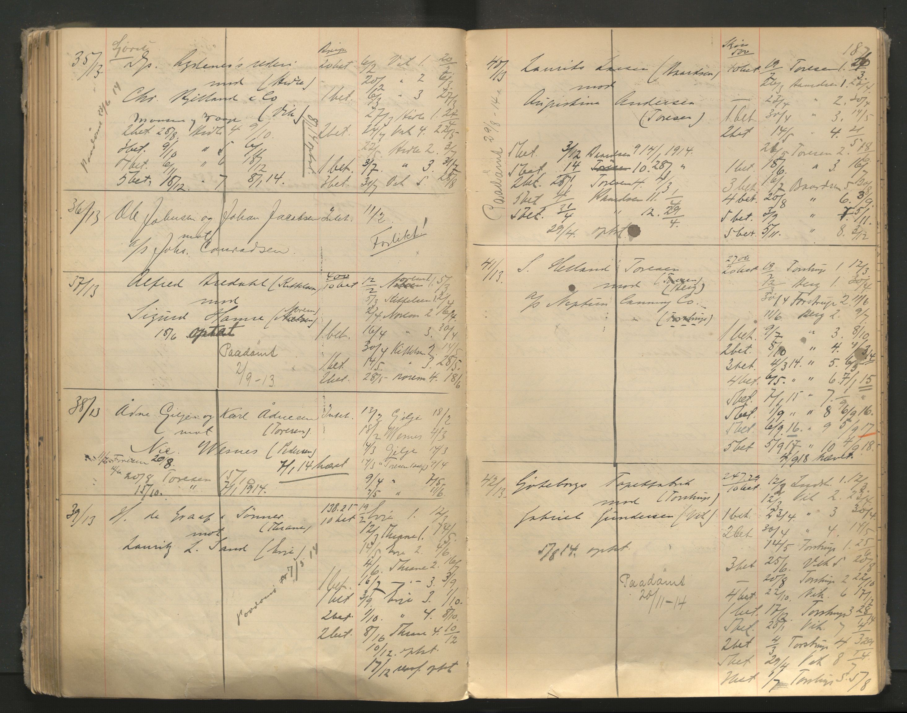 Stavanger byfogd, AV/SAST-A-101408/001/3/32/32A/L0005: Saksliste for Stavanger byting, 1910-1914, p. 186-187