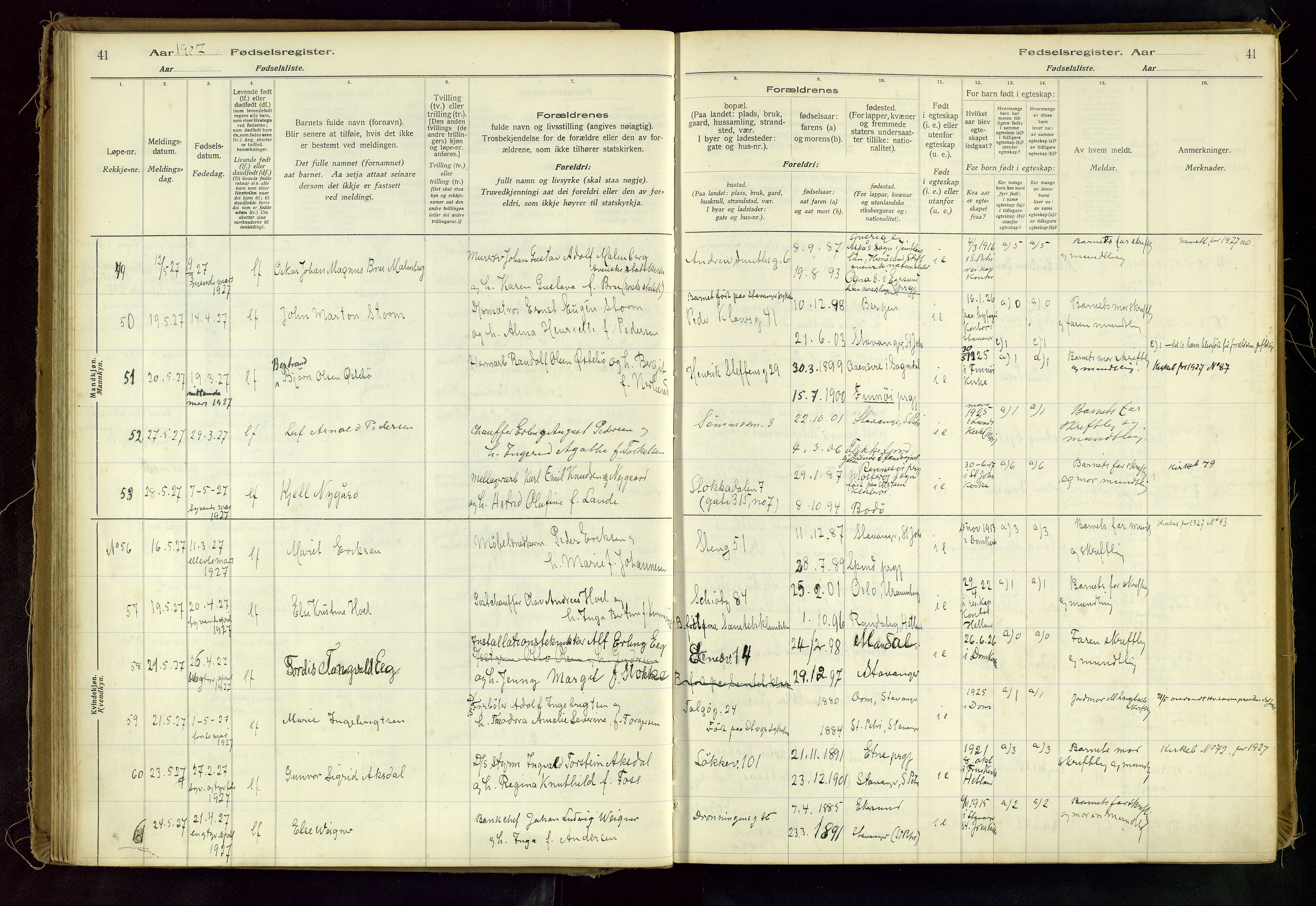 Domkirken sokneprestkontor, AV/SAST-A-101812/002/A/L0001: Birth register no. 1, 1925-1932, p. 41