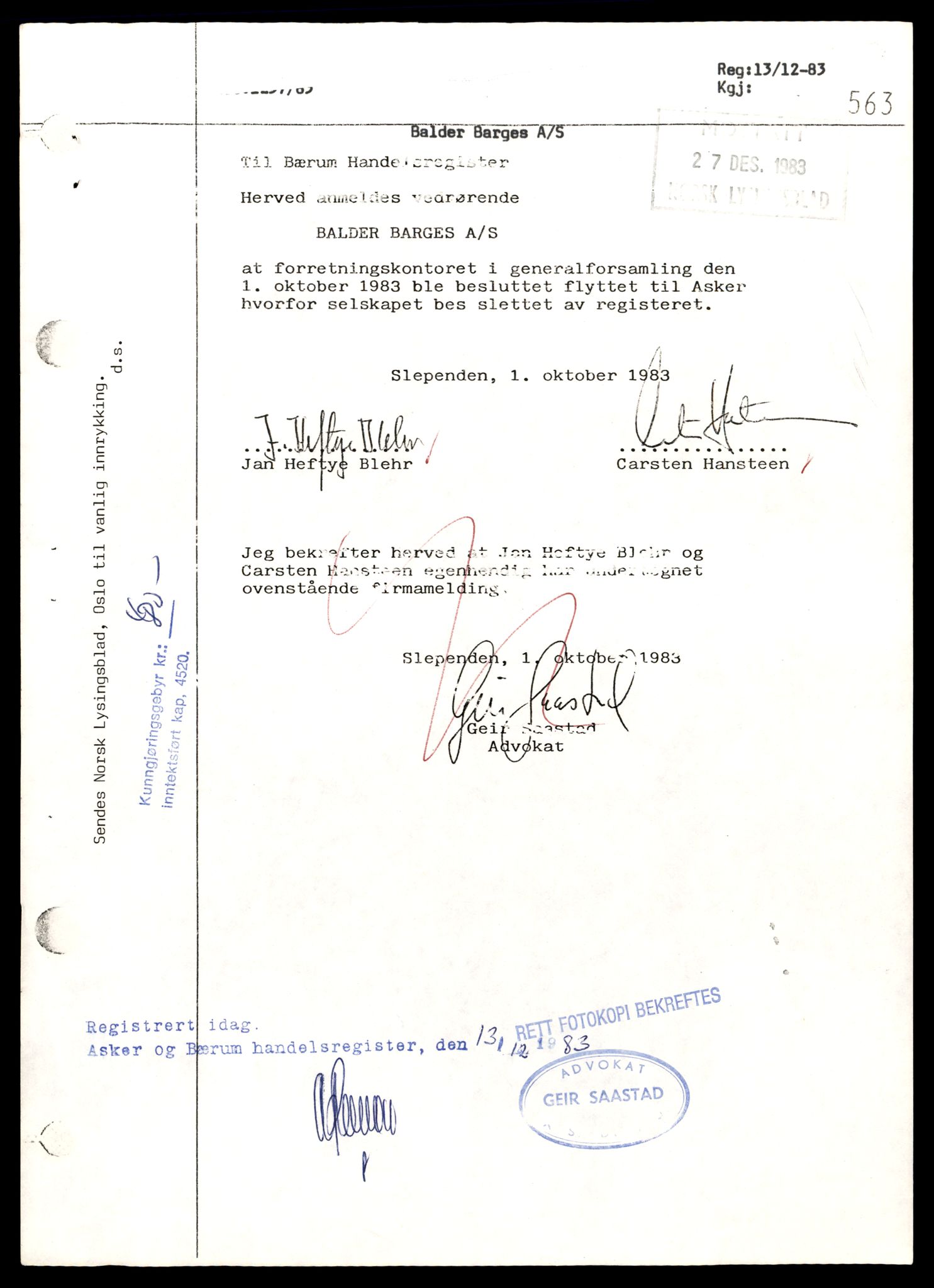 Asker og Bærum tingrett, SAT/A-10379/K/Kb/Kba/L0065: Aksjeselskap og komandittselskap, Balder, 1983, p. 3