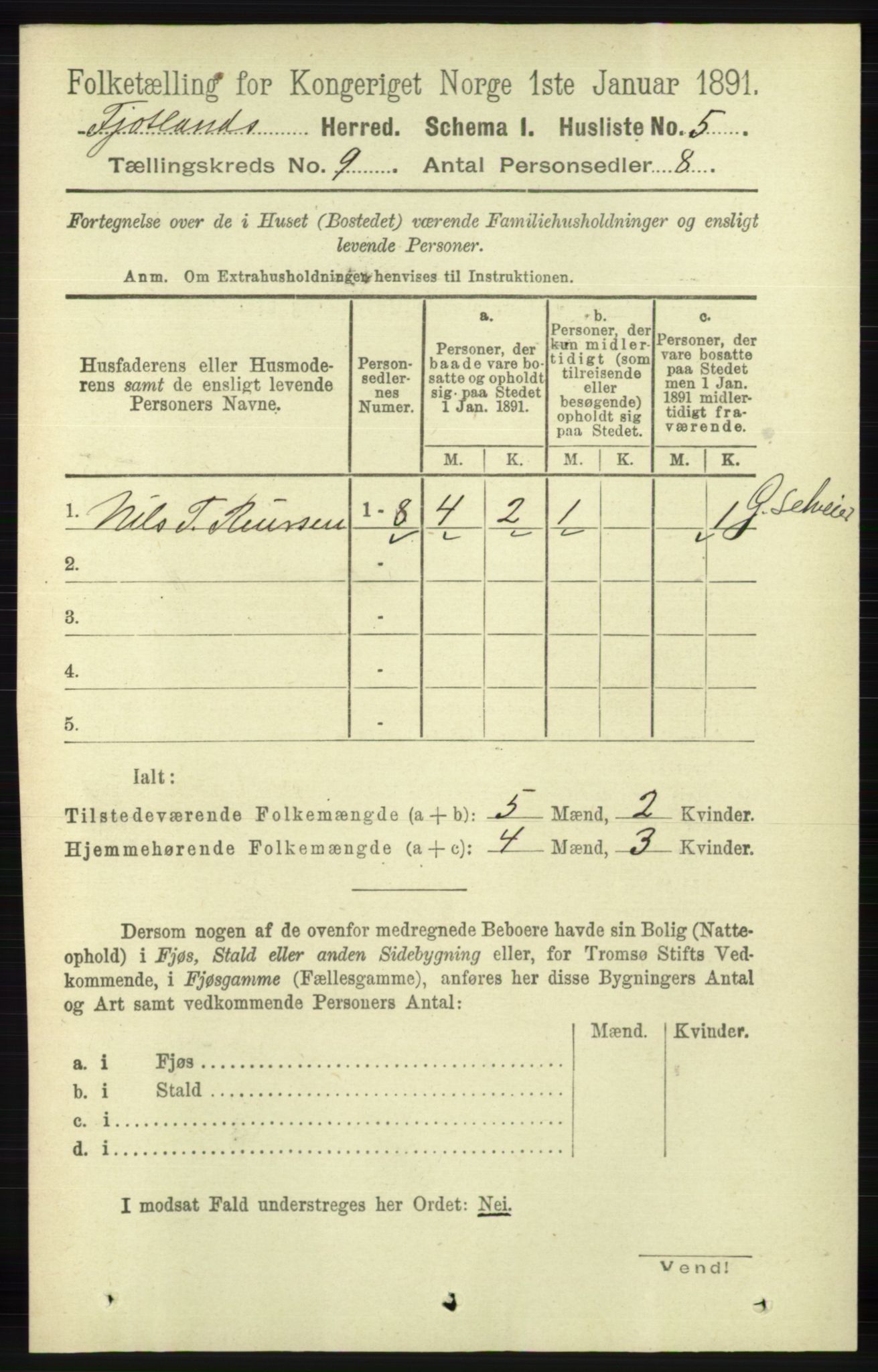 RA, 1891 census for 1036 Fjotland, 1891, p. 1285