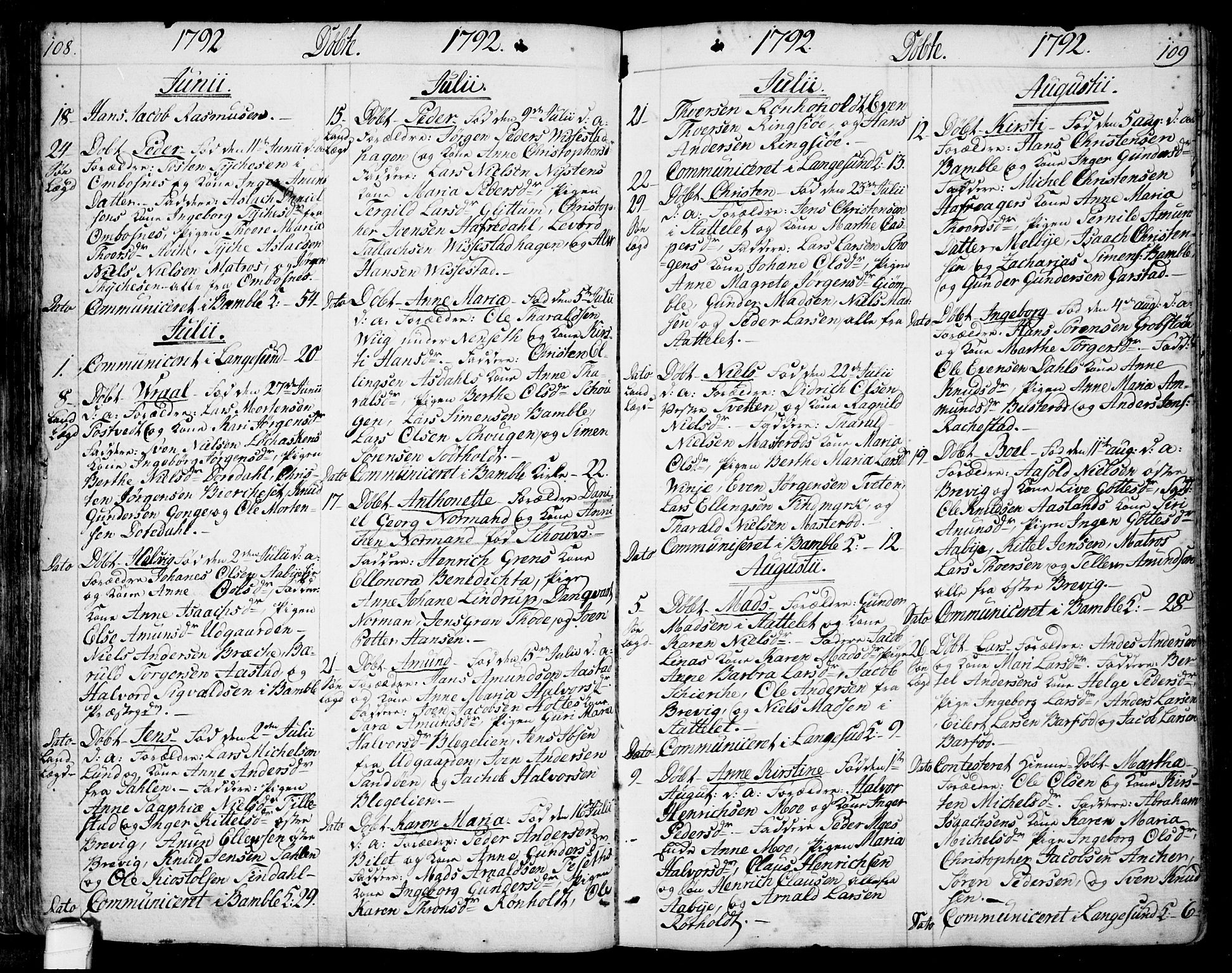 Bamble kirkebøker, SAKO/A-253/F/Fa/L0002: Parish register (official) no. I 2, 1775-1814, p. 108-109