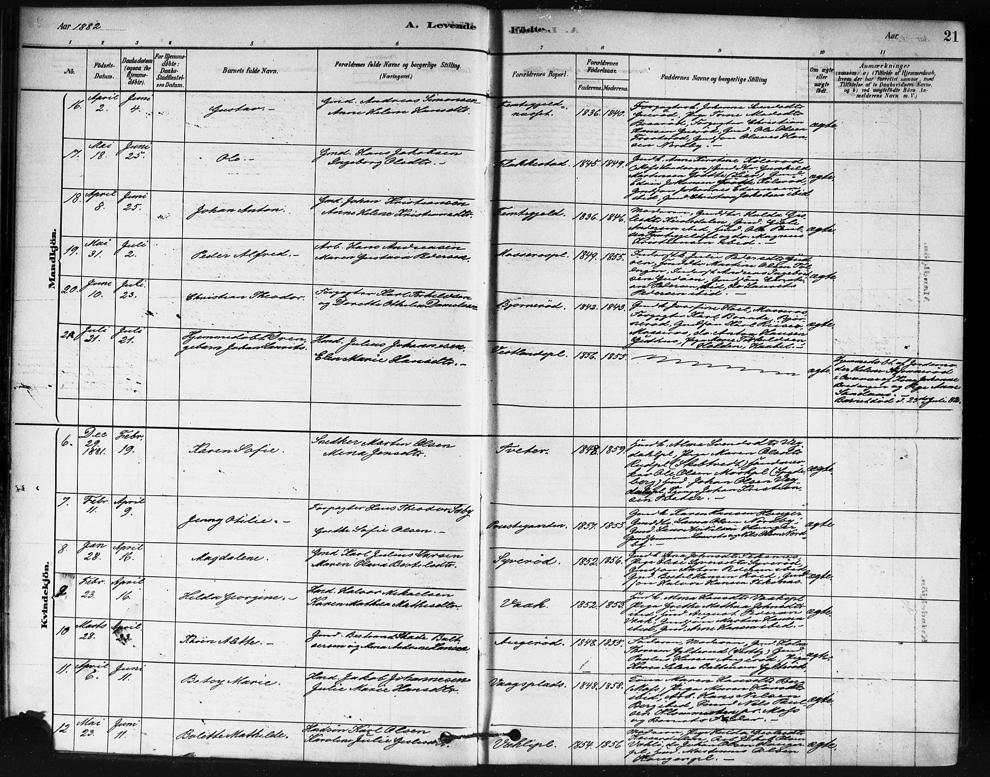 Våler prestekontor Kirkebøker, AV/SAO-A-11083/F/Fa/L0010: Parish register (official) no. I 10, 1878-1896, p. 21