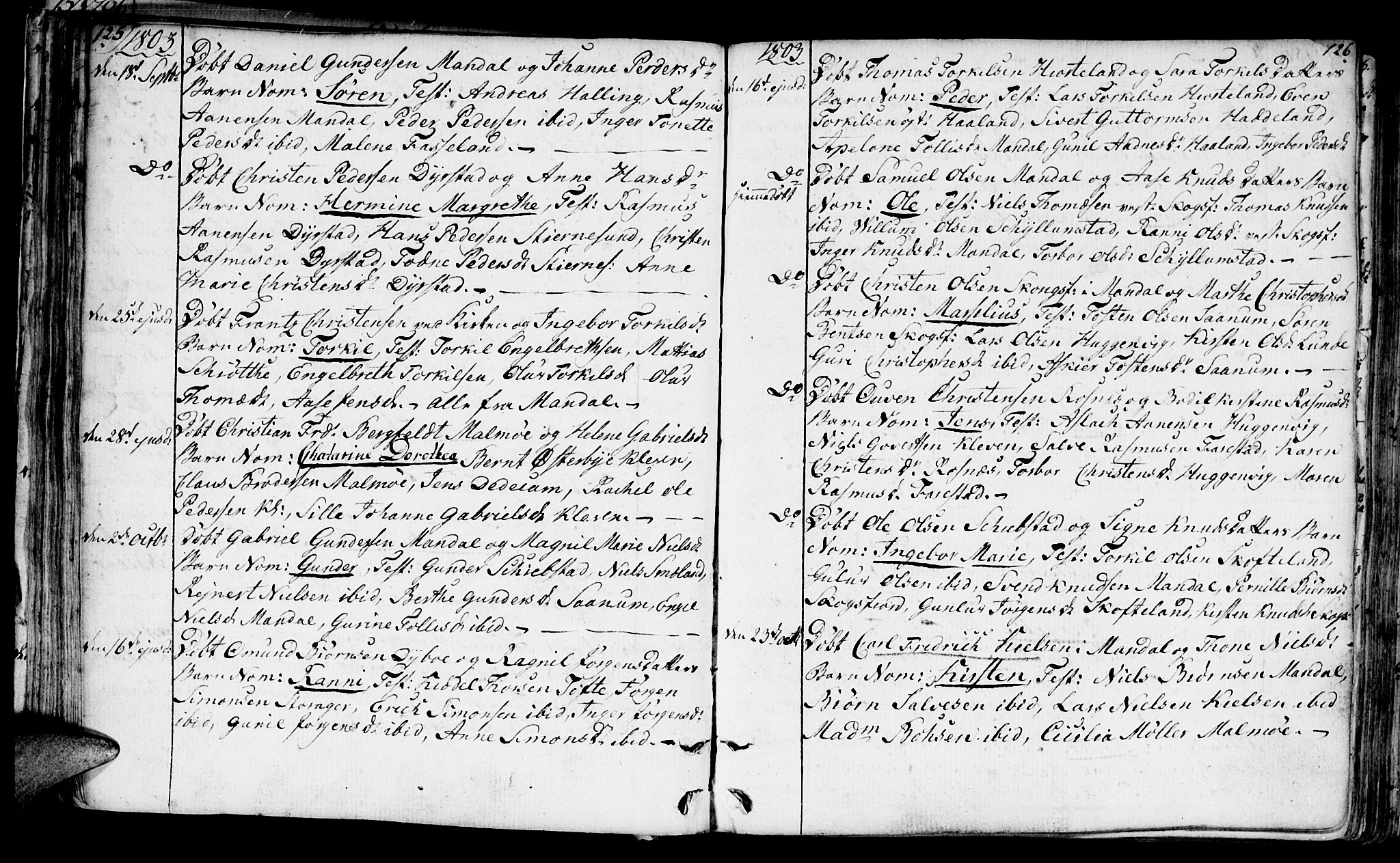 Mandal sokneprestkontor, AV/SAK-1111-0030/F/Fa/Faa/L0008: Parish register (official) no. A 8, 1794-1817, p. 125-126