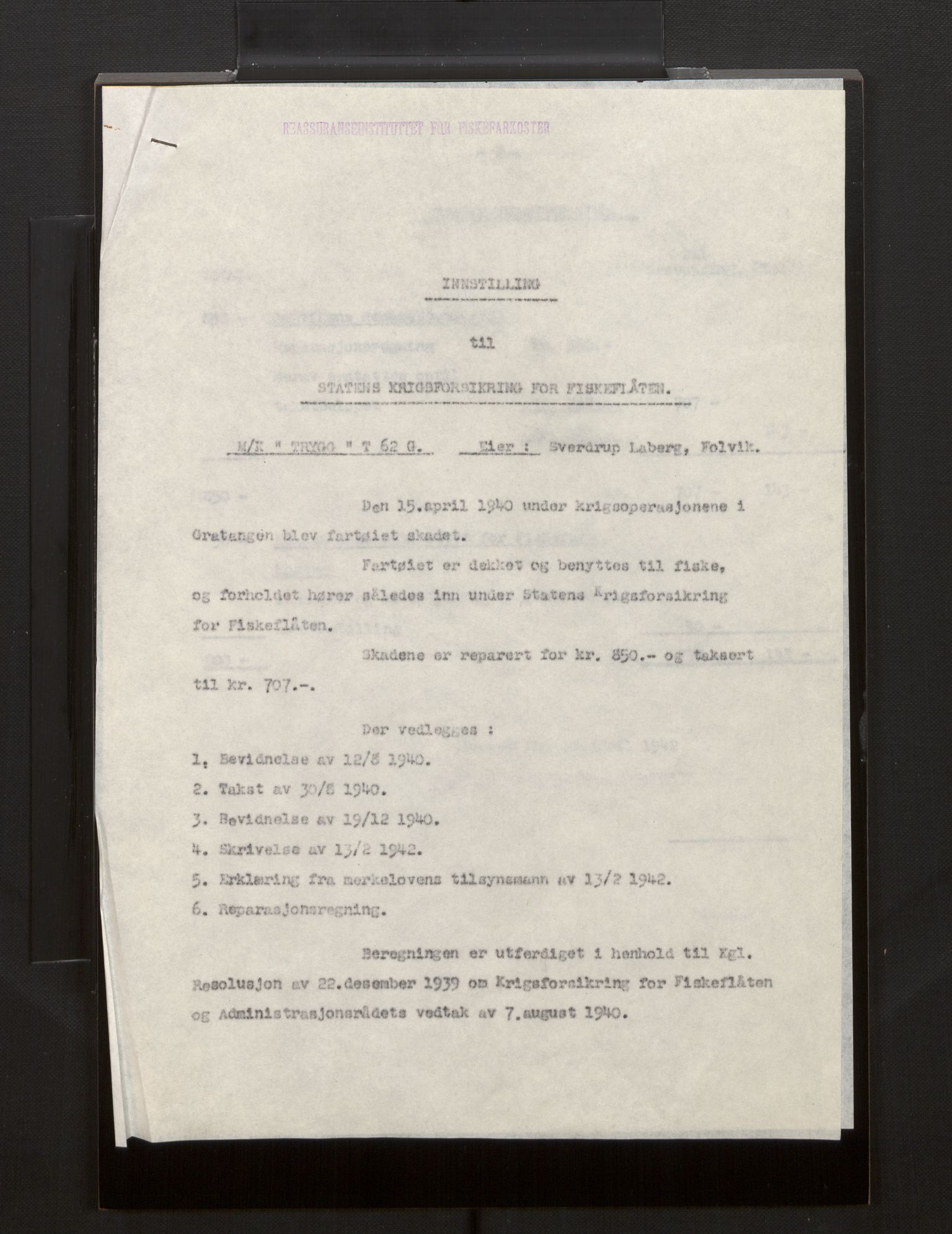 Fiskeridirektoratet - 1 Adm. ledelse - 13 Båtkontoret, AV/SAB-A-2003/La/L0008: Statens krigsforsikring for fiskeflåten, 1936-1971, p. 310